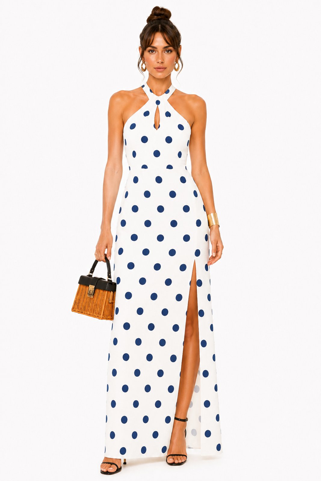 Vestido Poá com Fenda D Bell Outlet Fashion Azul