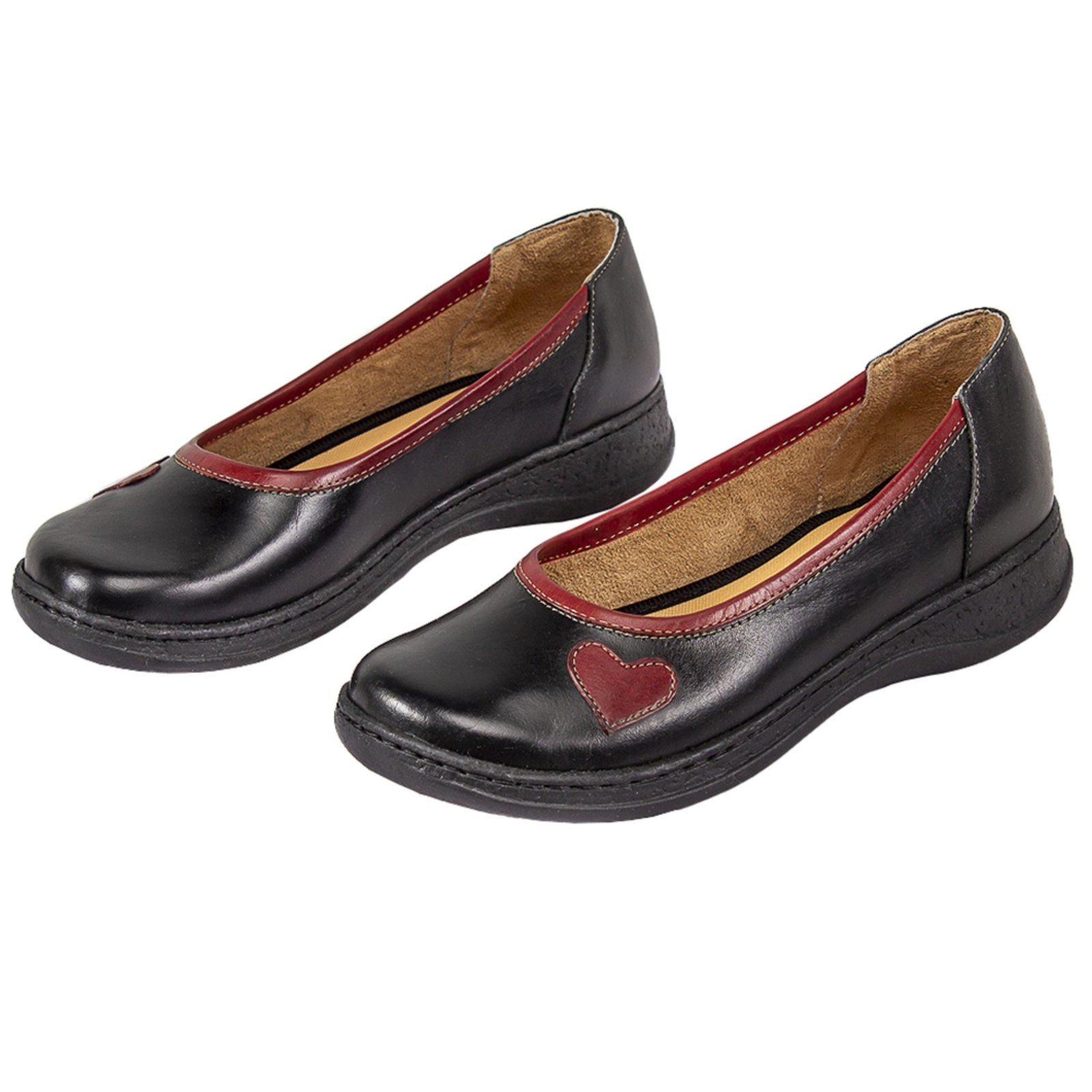 Sapatilha BaixoBico Redondo Couro Conforto Preto e Vermelho
