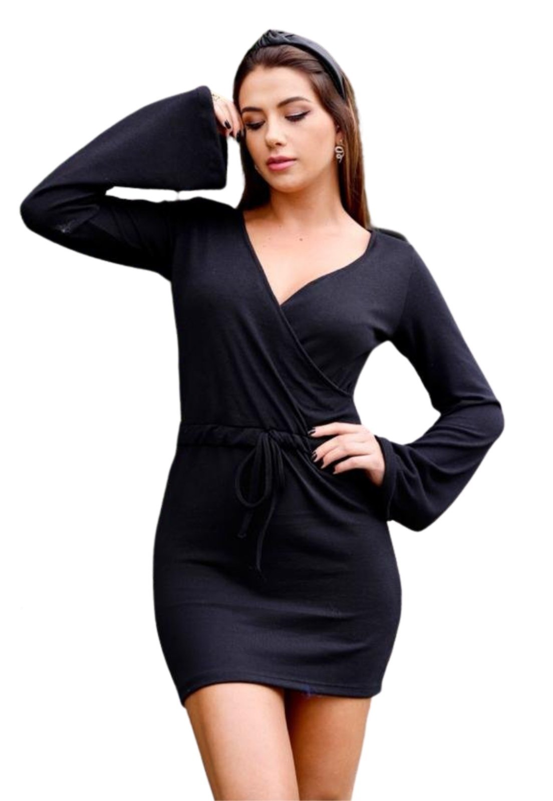 Vestido de Inverno Comfy Lãzinha Transpasse Manga Longa Flare Preto