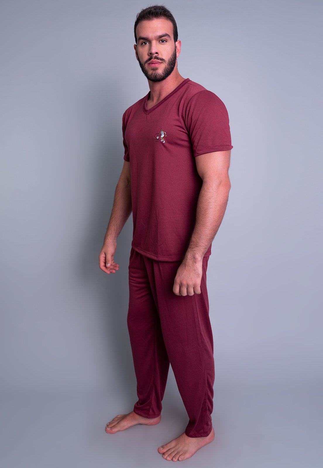 Pijama Longo MVB Modas Manga Curta E Calça Comprida Adulto Vinho