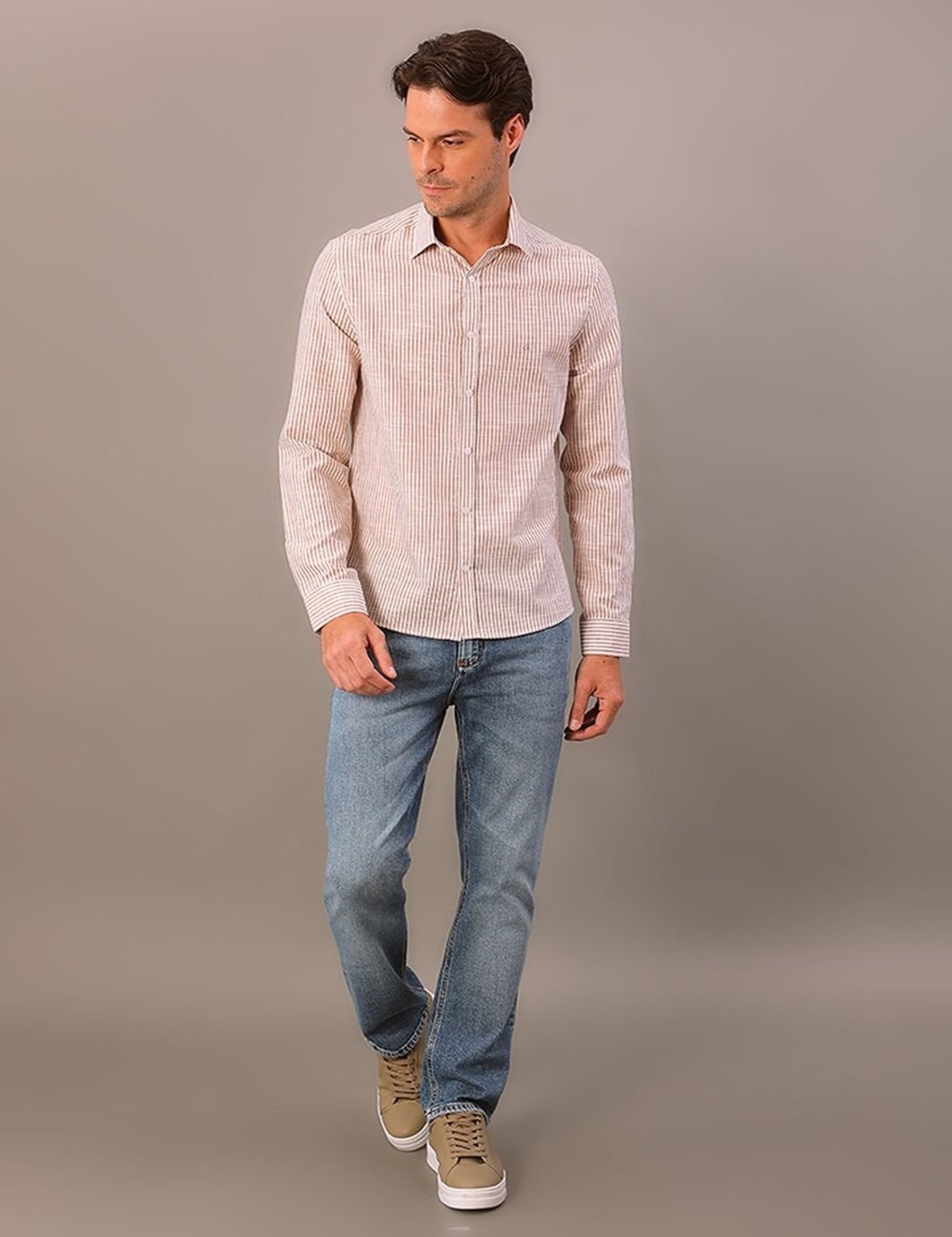 Camisa Manga Longa Slim Linen Stripes - Caqui Medio Calvin Klein Jeans