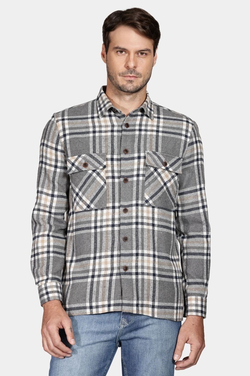 Camisa Aramis Overshirt Flanela Xadrez Cinza