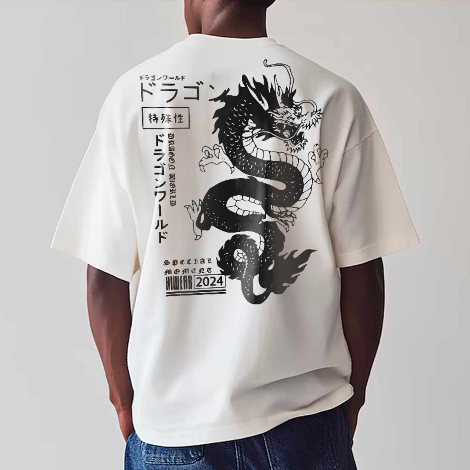 Camiseta Oversized Dragon Oriental Estética Japonesa Branco