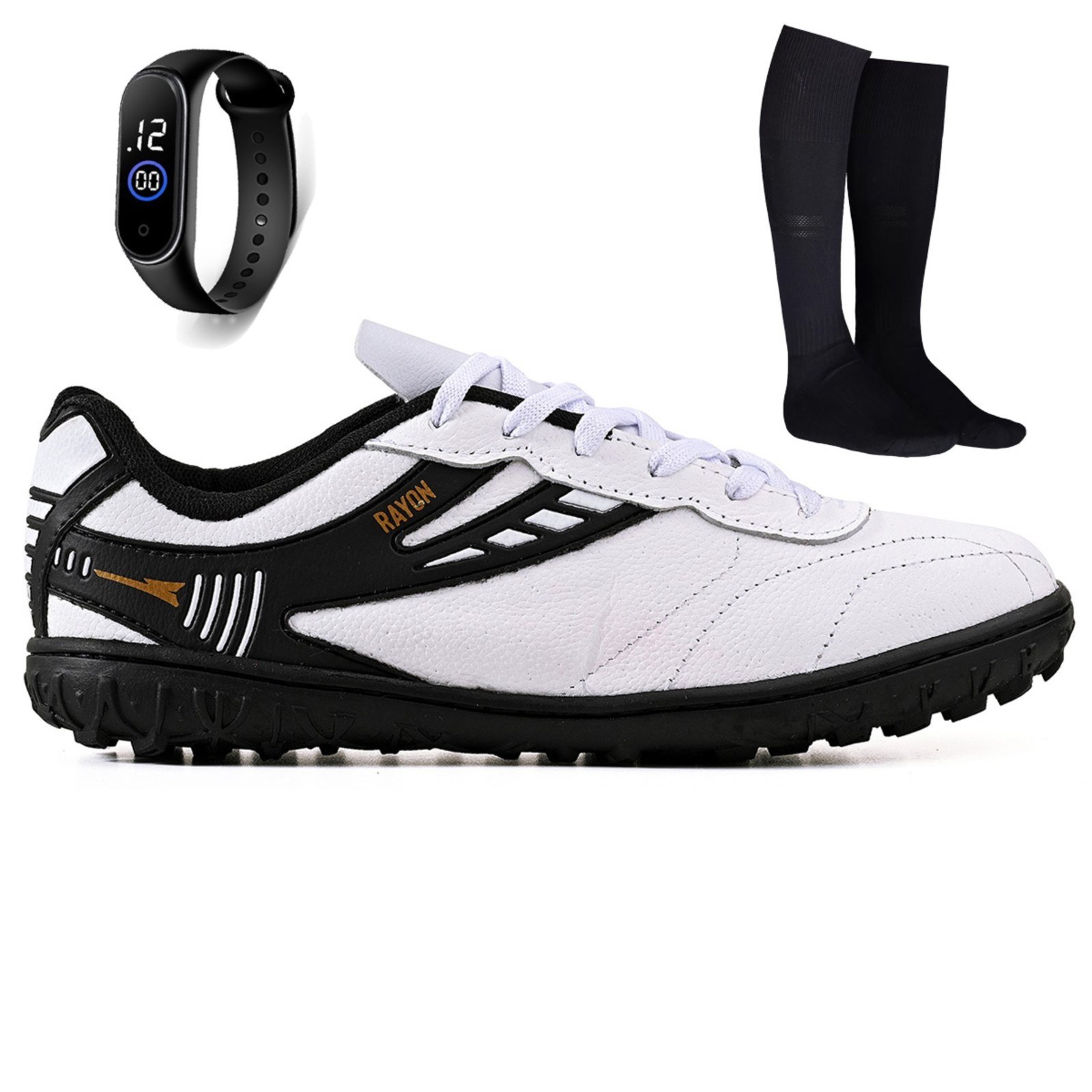 Kit Chuteira Futebol Society Couro Campo Grama Sintetica + Meião + Relogio Adulto