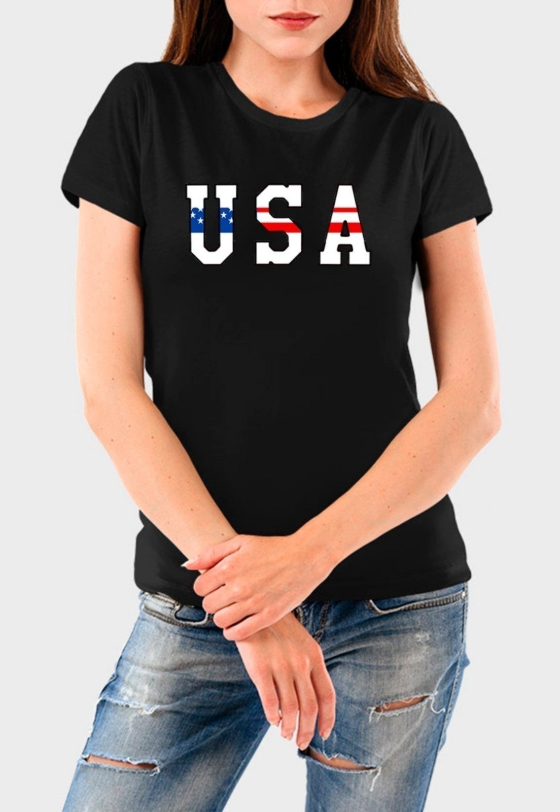 Vista 2 Camiseta Feminina Preta USA Algodão Premium Benellys preto Benellys preto