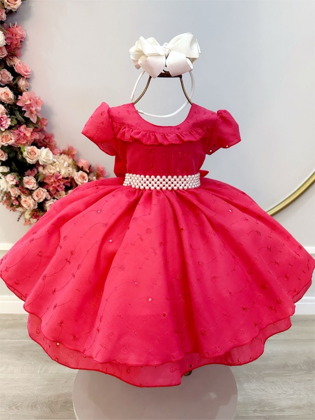 Infantil - Vestido Festa Rosa Pink Laise Pérolas Formatura Casamento Dama Daminha Florista Princesa Social Rodado Aniversário Luxo Menina Juvenil