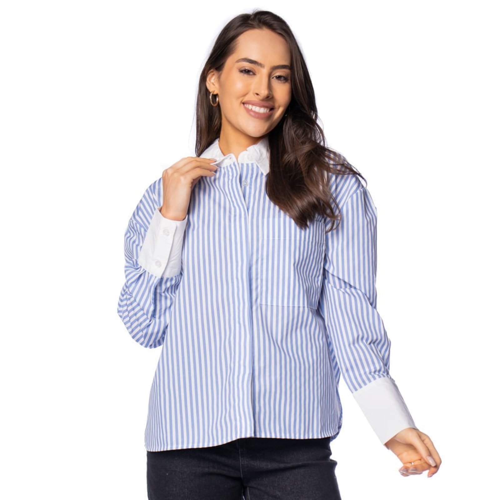 Vista 2 Camisa Social Feminina The Style Box Listrada Branco marrom The Style Box marrom