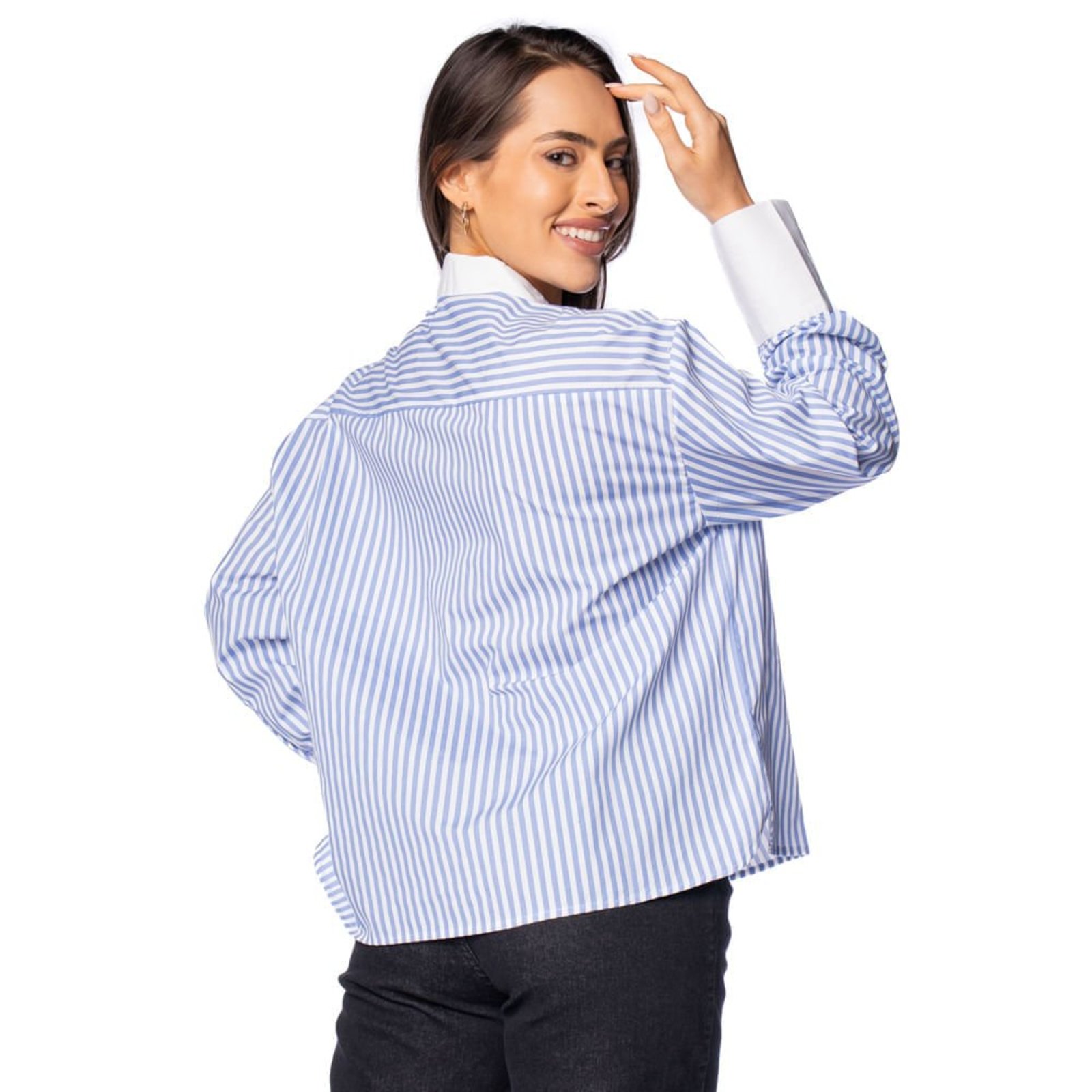 Vista 3 Camisa Social Feminina The Style Box Listrada Branco marrom The Style Box marrom