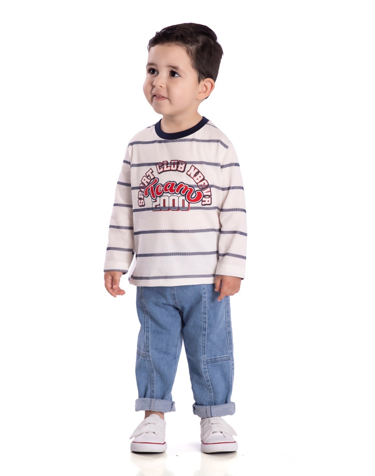 Infantil - Conj. camiseta listrada manga longa + calça jeans