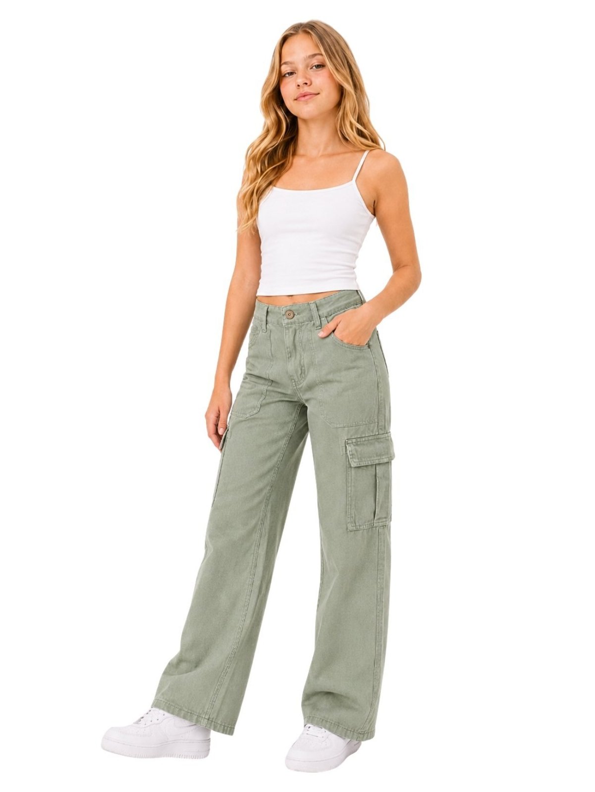 Infantil - Calça Sarja Crawling Wide leg Cargo Juvenil Feminina Verde