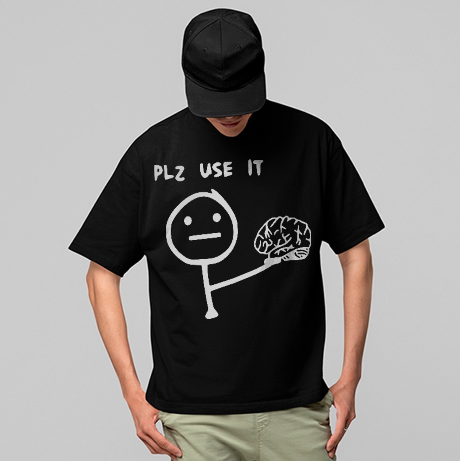 Camiseta Oversized Use o Cérebro Funny Meme Estilo Urbano Preto