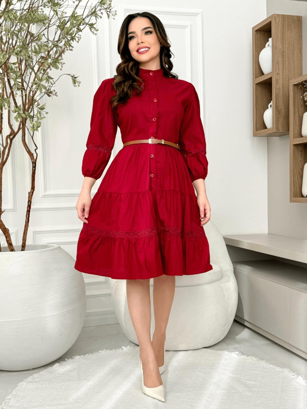 Vestido Midi Chemise com Manga Comprida de Festa Convidada Social Marsala