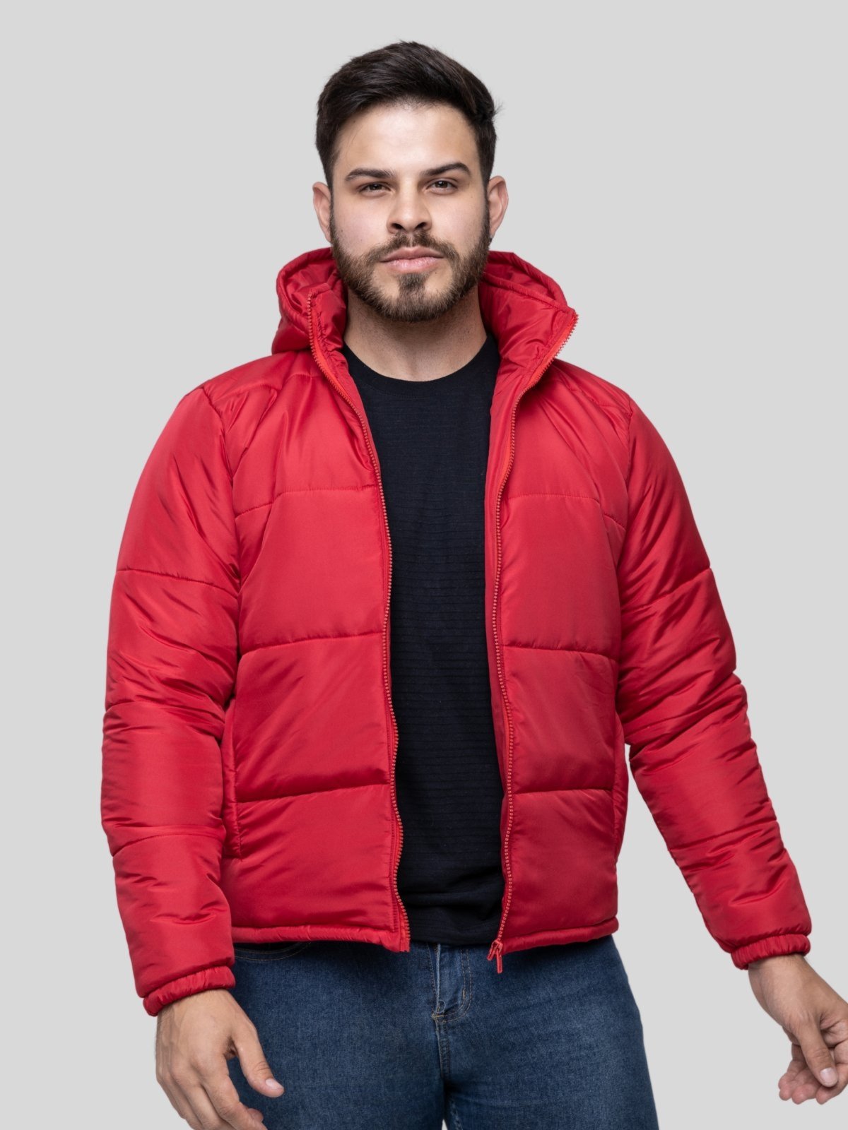 Jaqueta Puffer Bobojaco Masculina Com Capuz Removível Vermelha