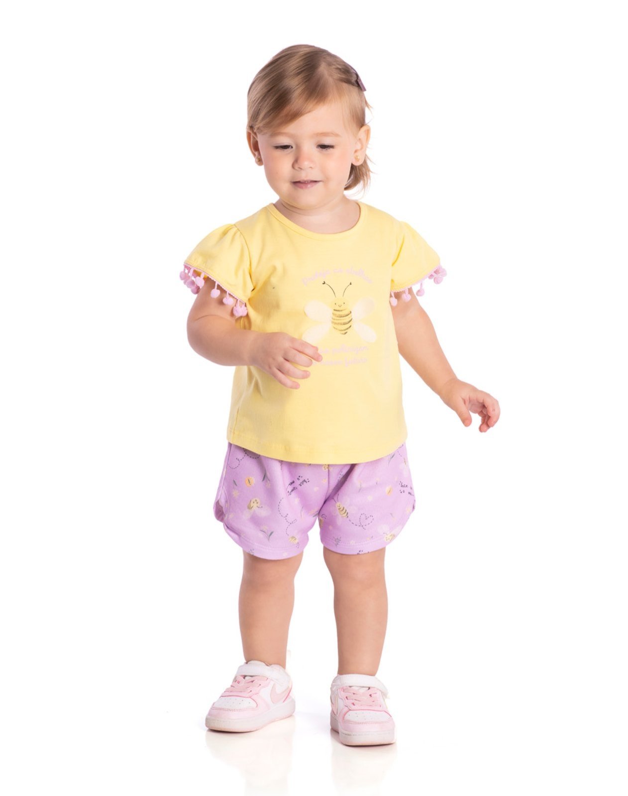 Infantil - Conj. blusa manga curta amarela pompons + shorts lilás abelhinha