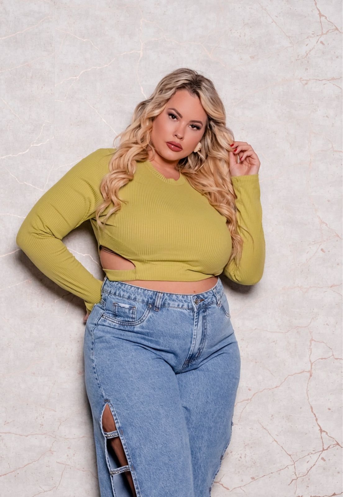 Cropped Plus Size Canelado com Recorte Verde