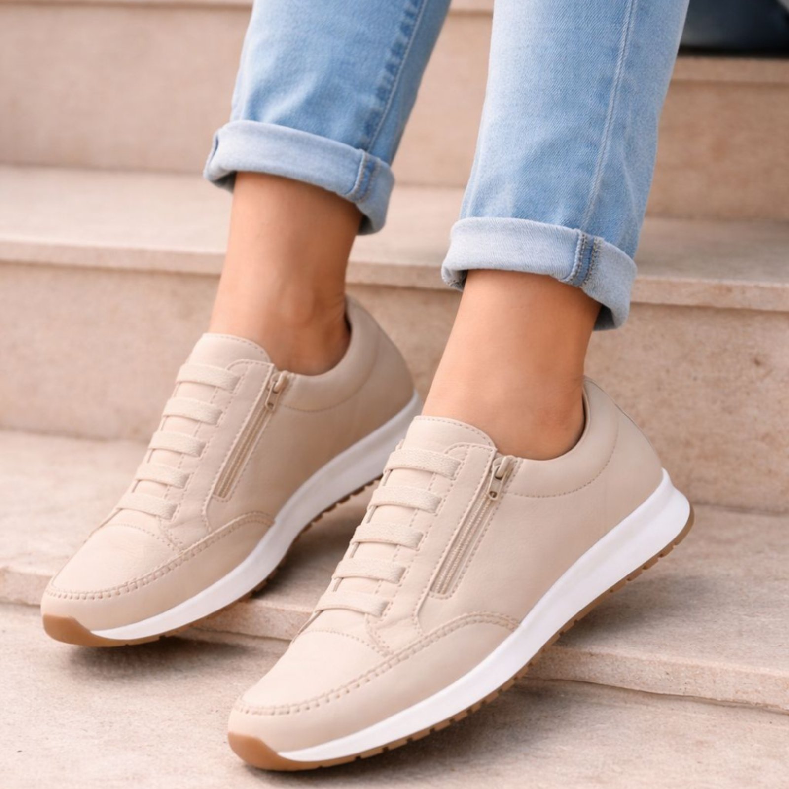 Tênis Feminino Casual Off White Bege Confortável