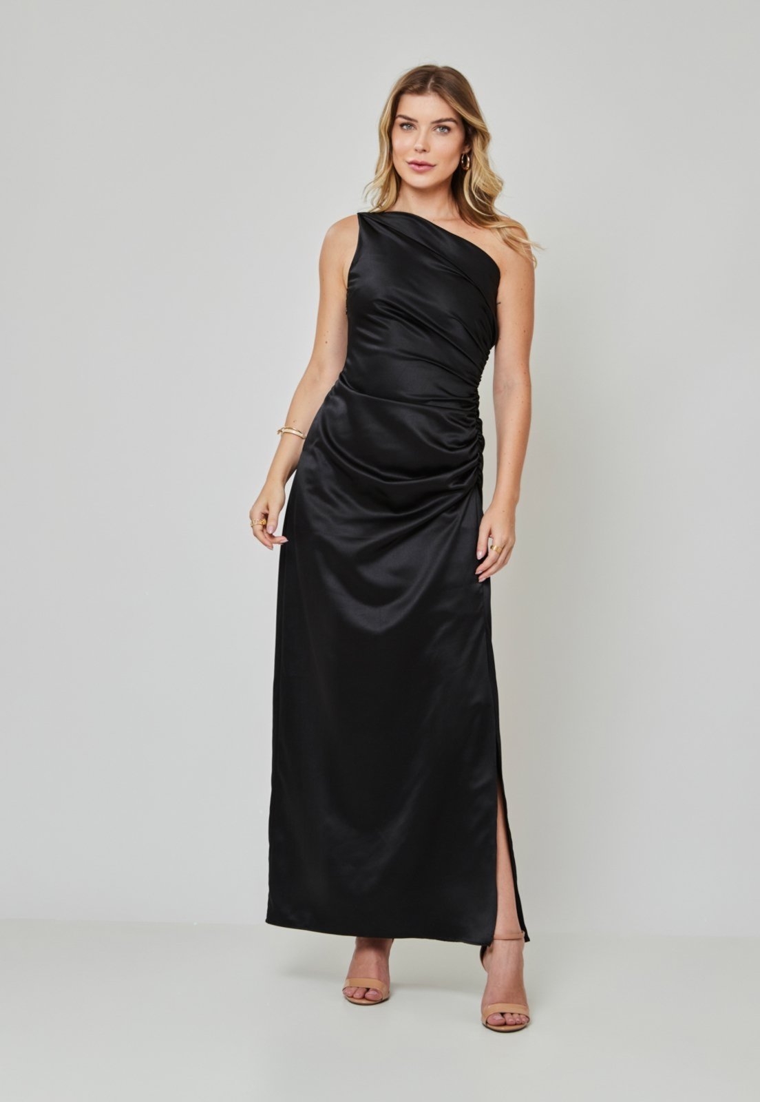 Vestido Festa Preto Cetim Longo Liso Miss Joy 7471 Feminino
