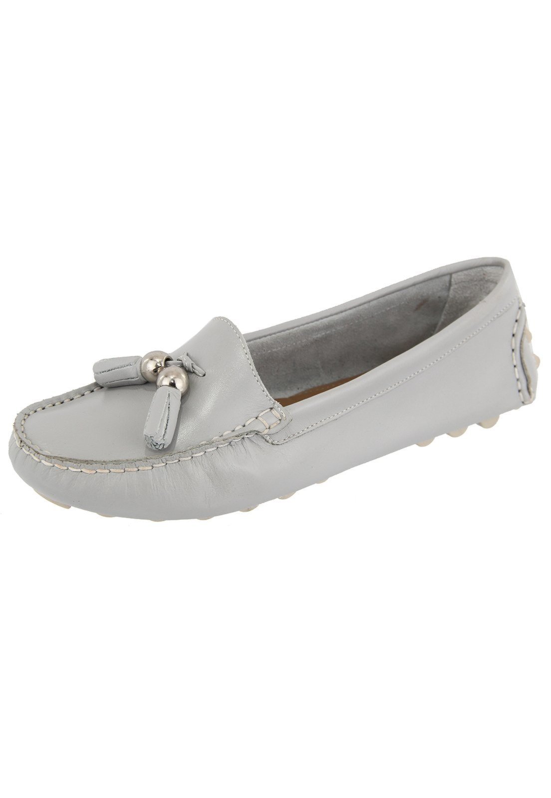 Mocassim Em Couro Franja Retta Grigio
