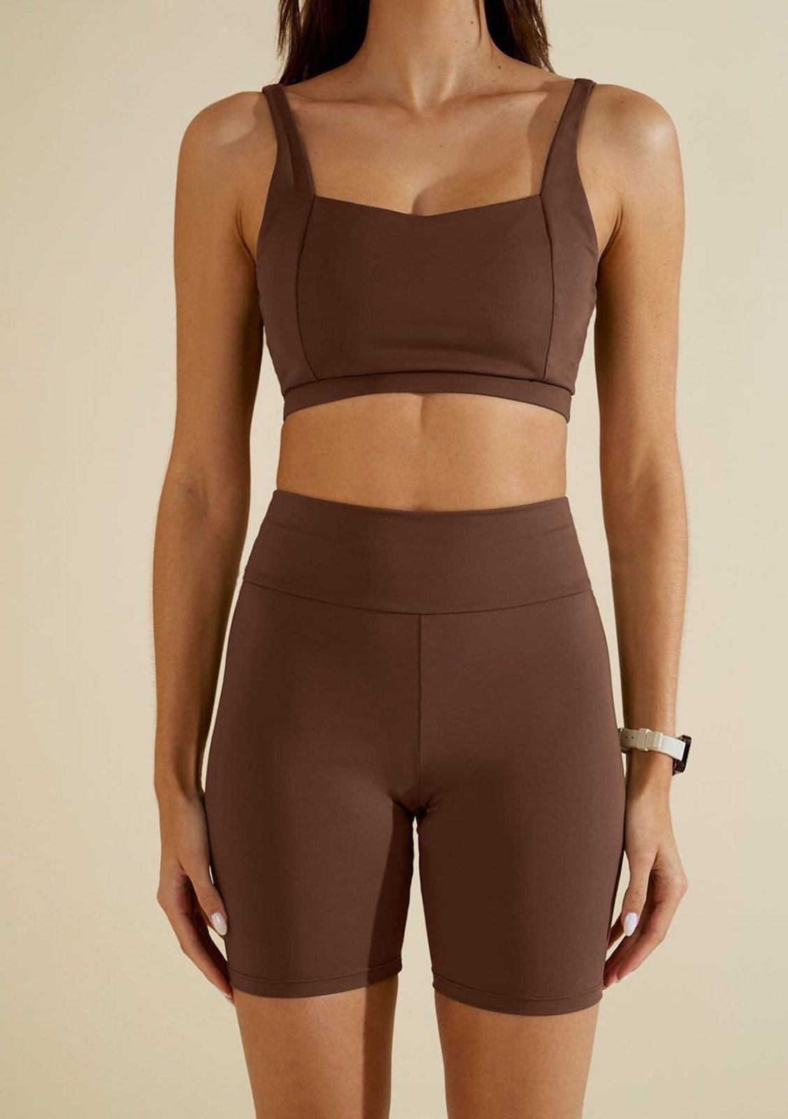 Conjunto Morena Rosa Top Com Alça Bermuda Ciclista Cintura Média - Marrom