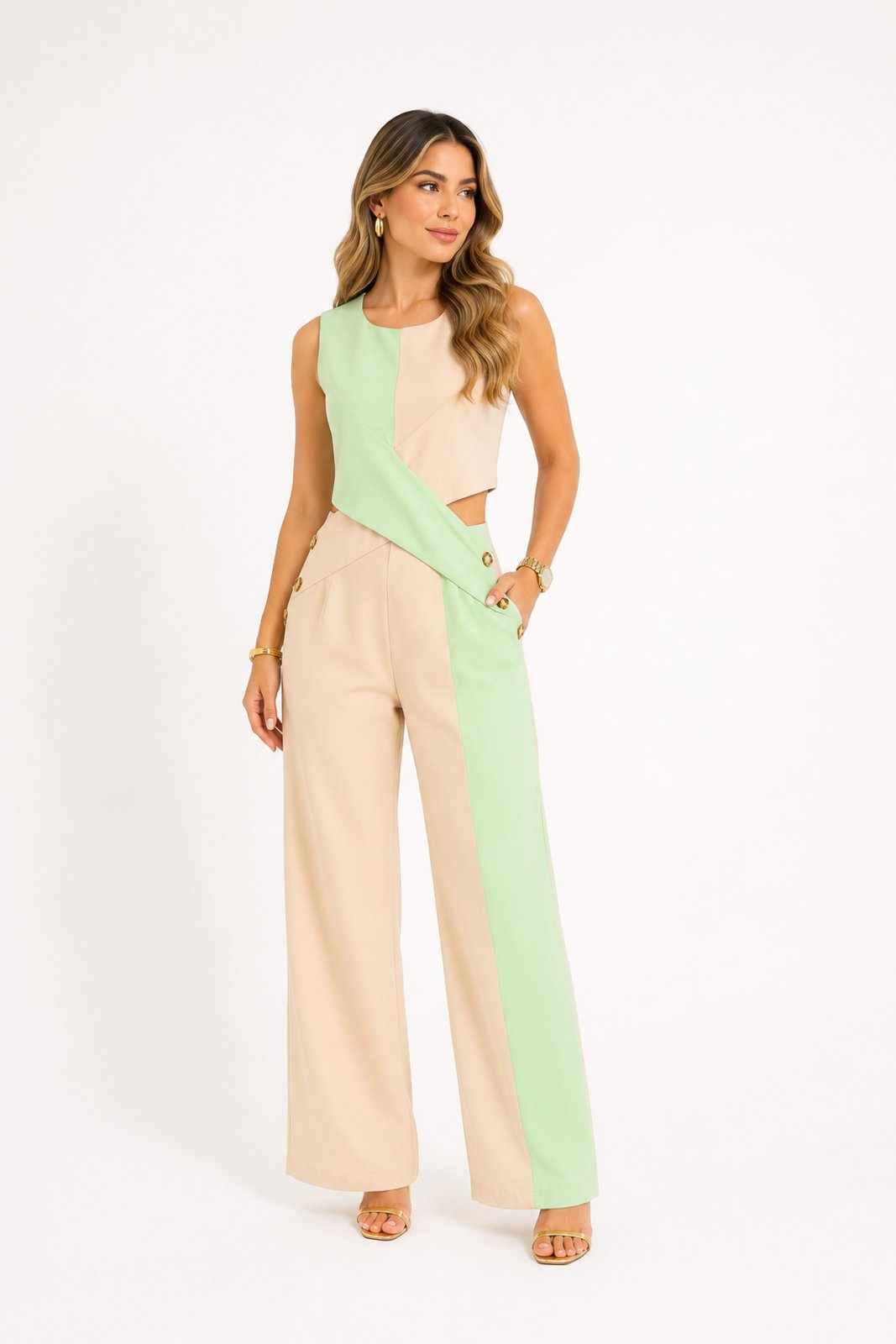 Conjunto Pantalona D Bell Outlet Fashion Marrant Cropped Bege