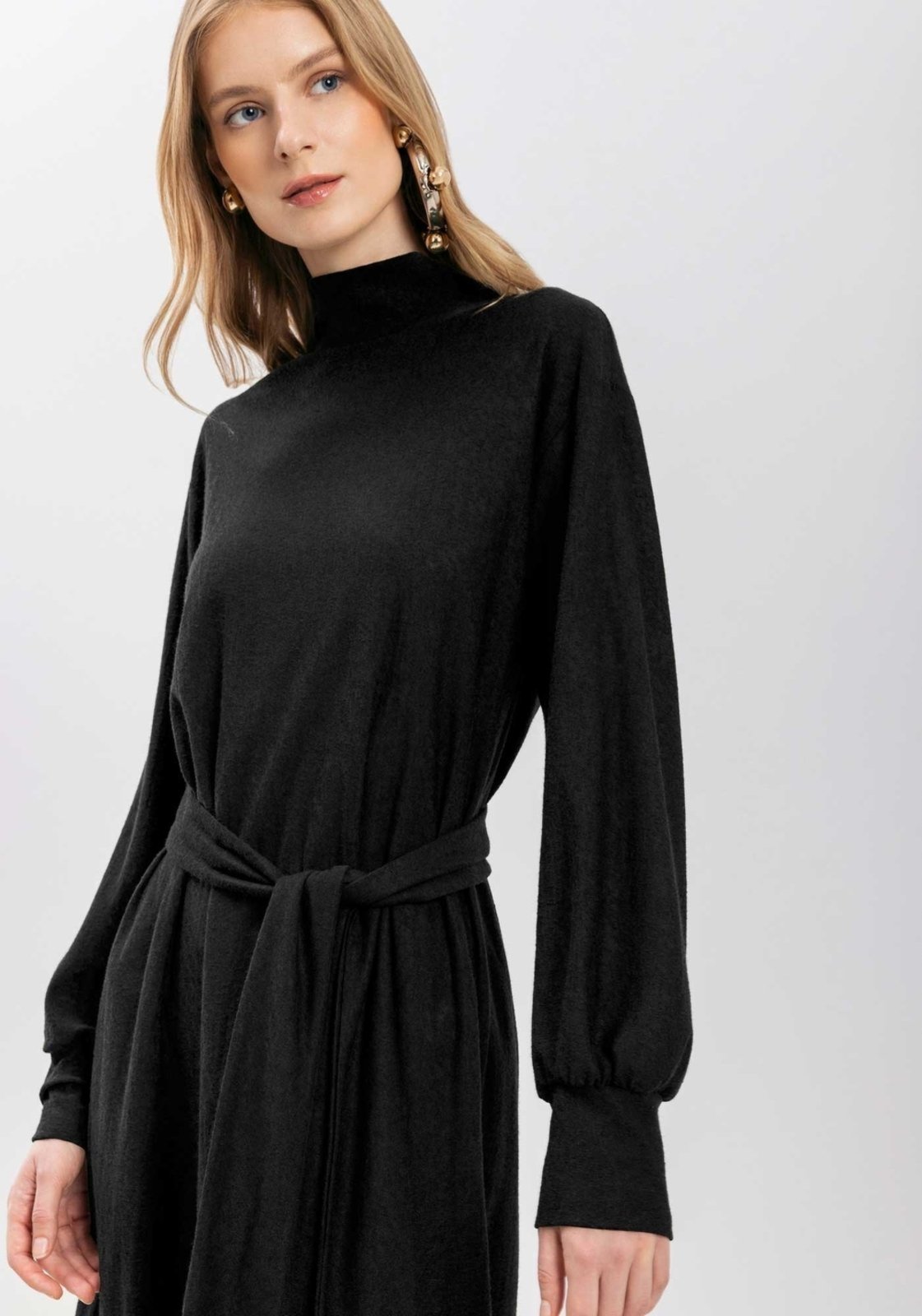 Vista 3 Vestido Midi De Mangas Longas Com Faixa Em Malha Rústica Lez a Lez poás Lez a Lez poás