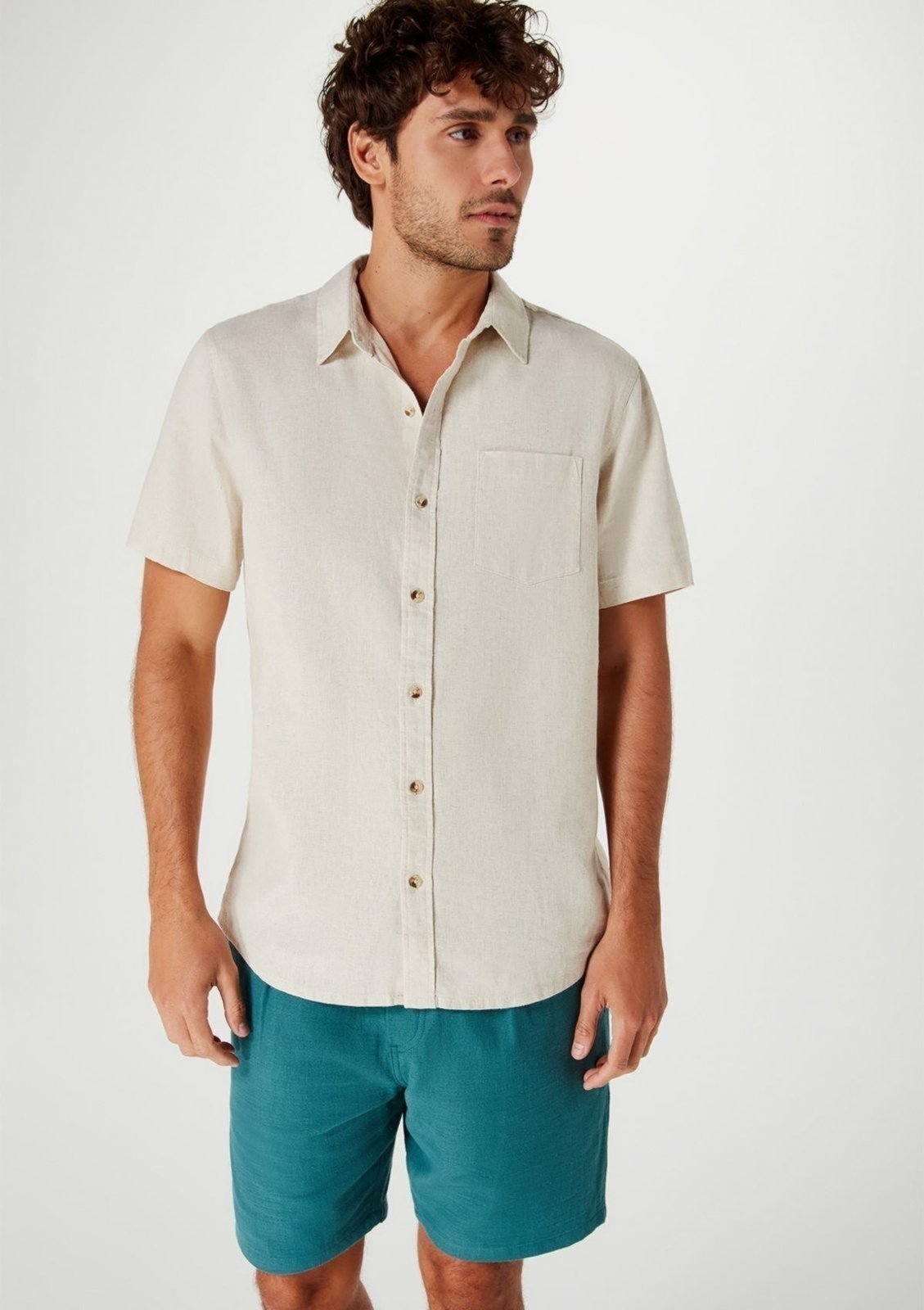Camisa Básica Masculina Manga Curta Slim Em Linho