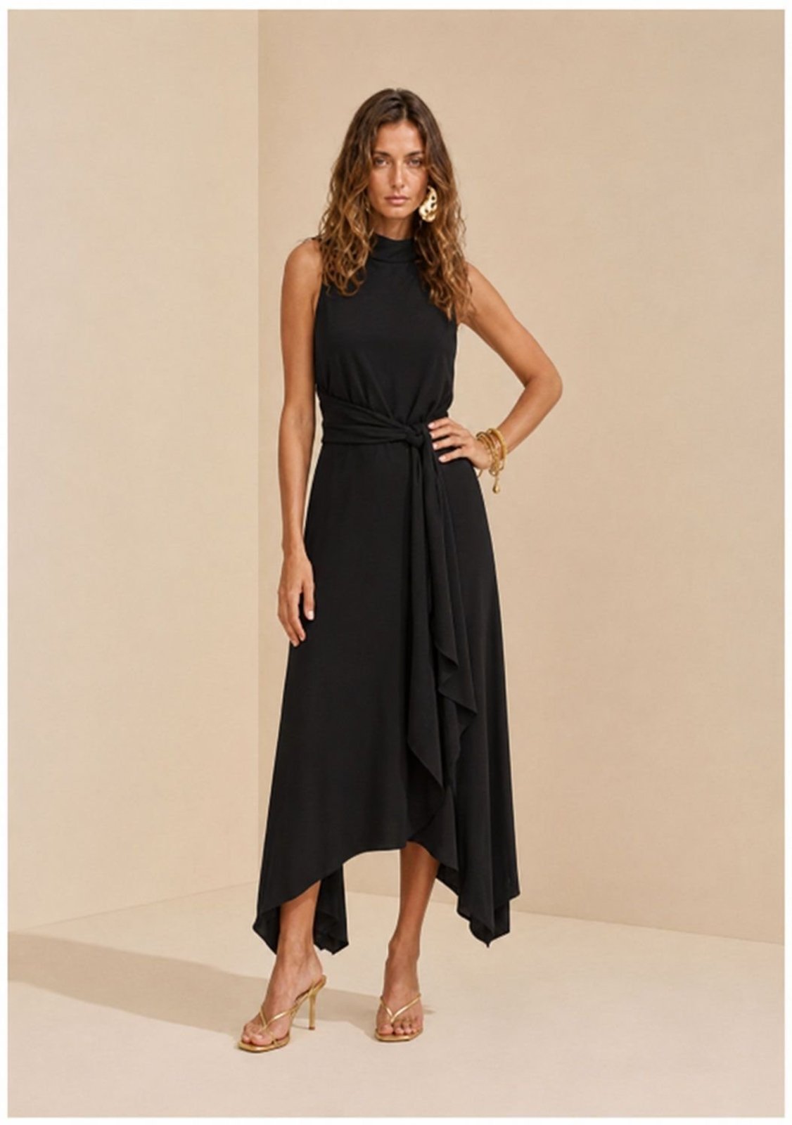 Vestido Gola Alta Midi Sonata - Preto
