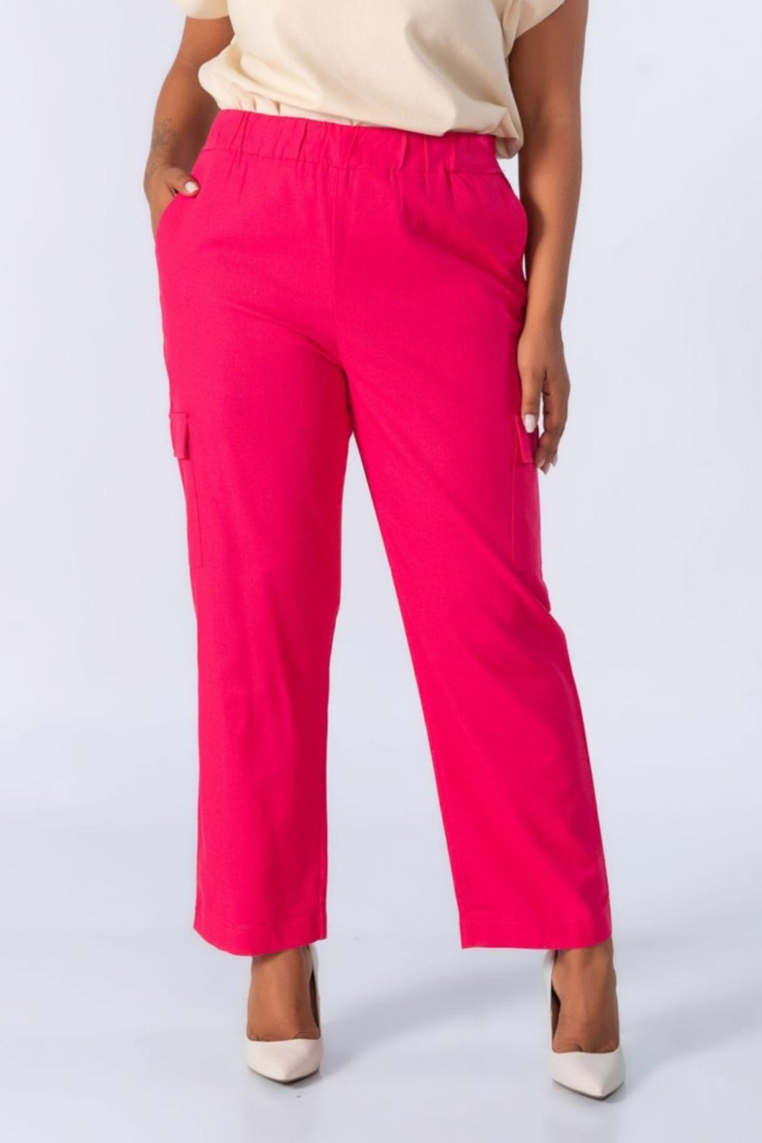 Calca cargo linho elastico na cintura Rosa
