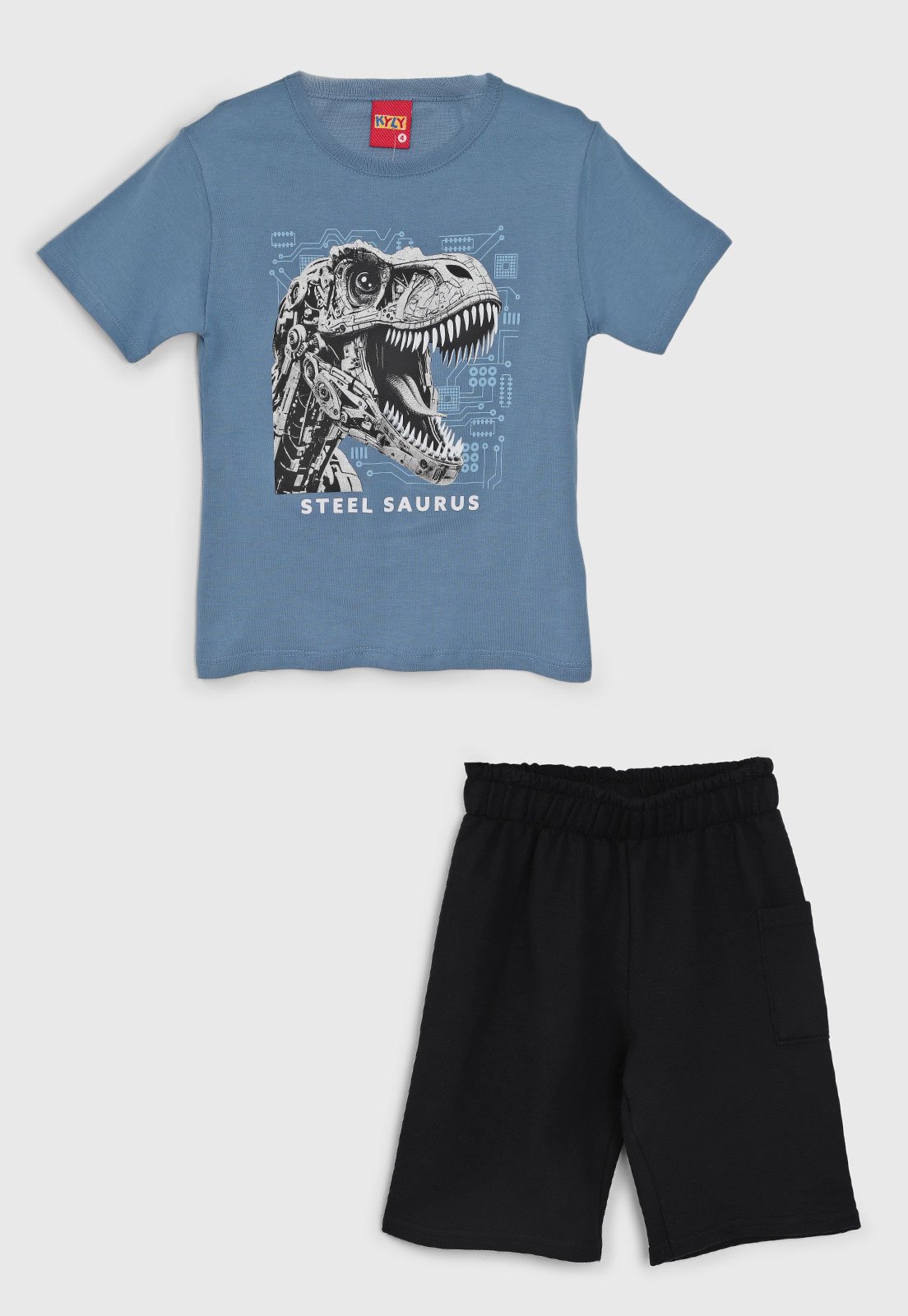 Vista 2 Infantil - Conjunto Kyly Camiseta Dinossauro Robô e Bermuda Preta azul Kyly azul