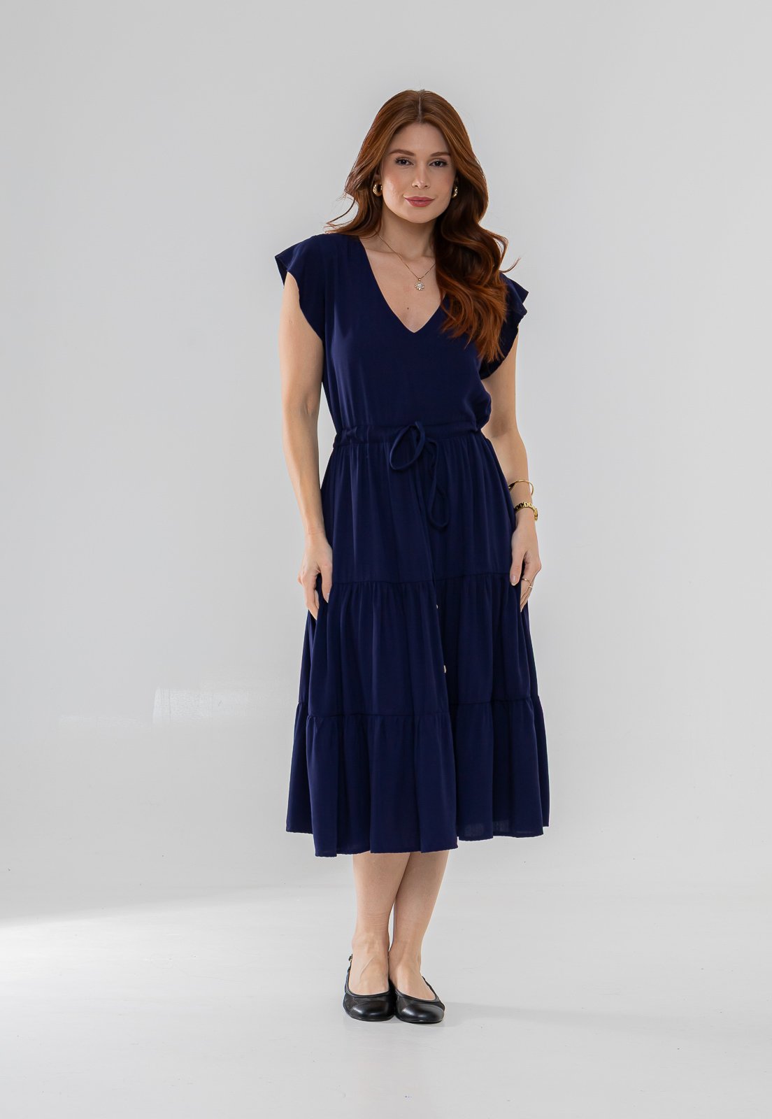 Vista 2 Vestido Aura Alice Viscolinho Liso Marinho azul marinho azul marinho
