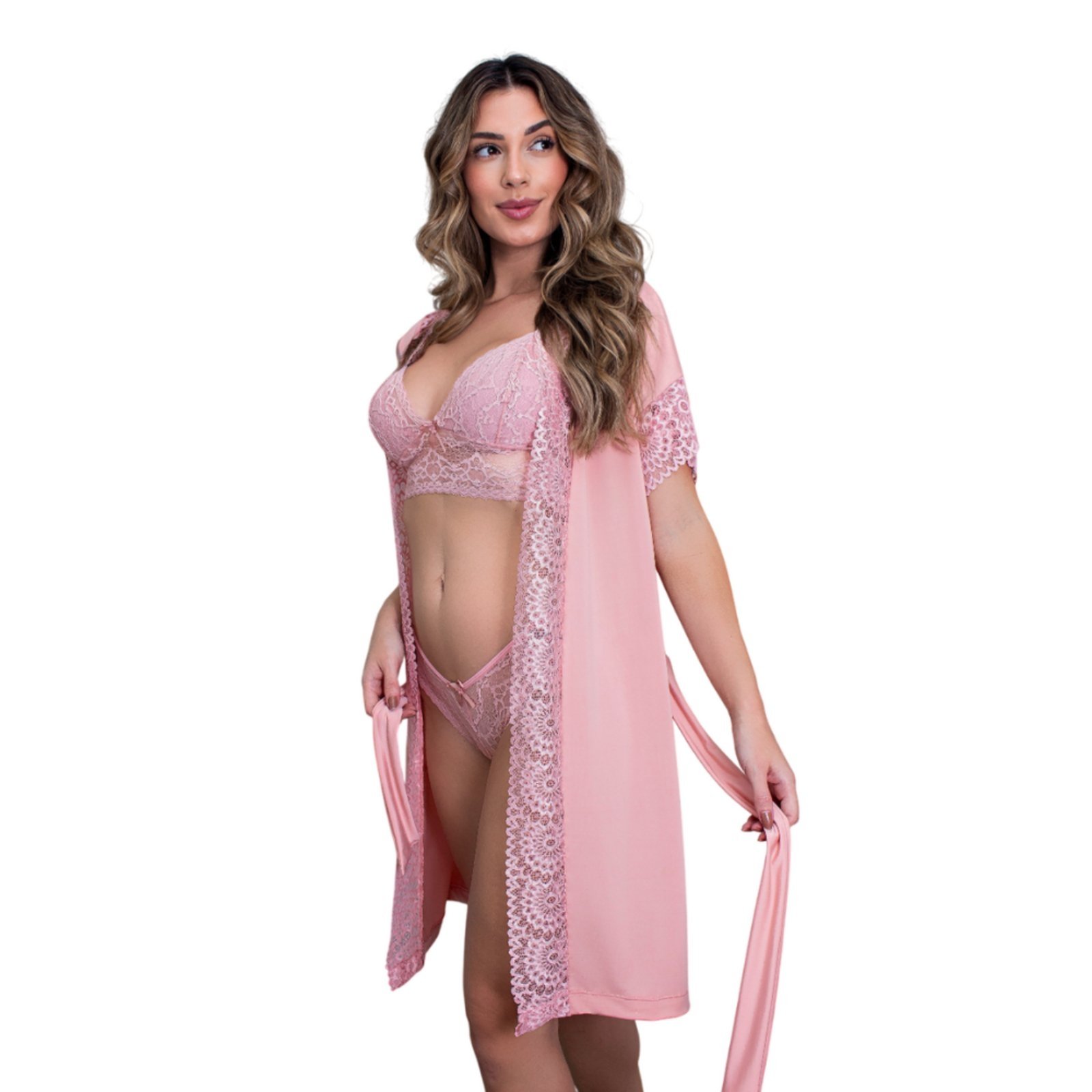 Robe de Luxo Microfibra Com Renda Hobby Roupão Roupa de Dormir com Cinto Lingerie Sexy para Noite Especial – ROMANCE