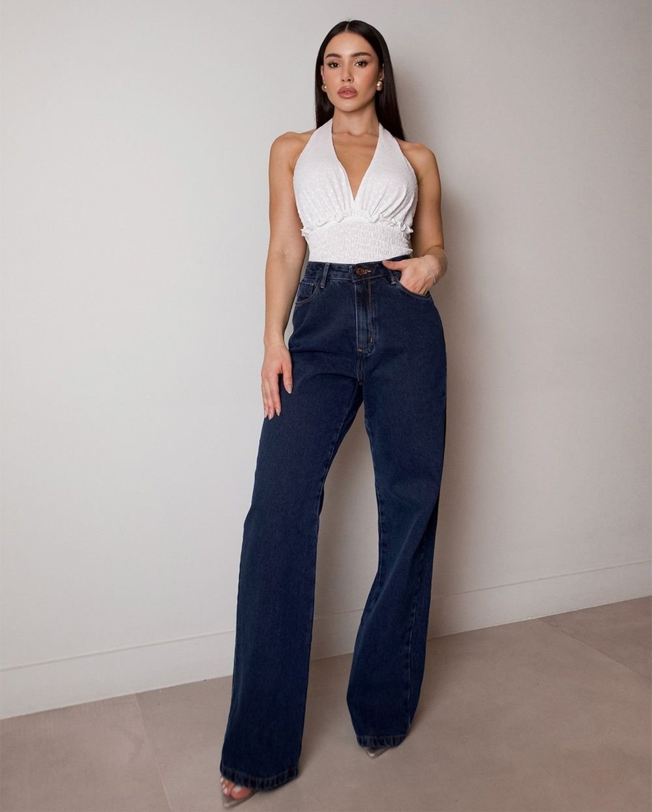 Calça Jeans Wide Leg Feminina Cintura Alta Básica Algodão 29000 Black Blue Consciência