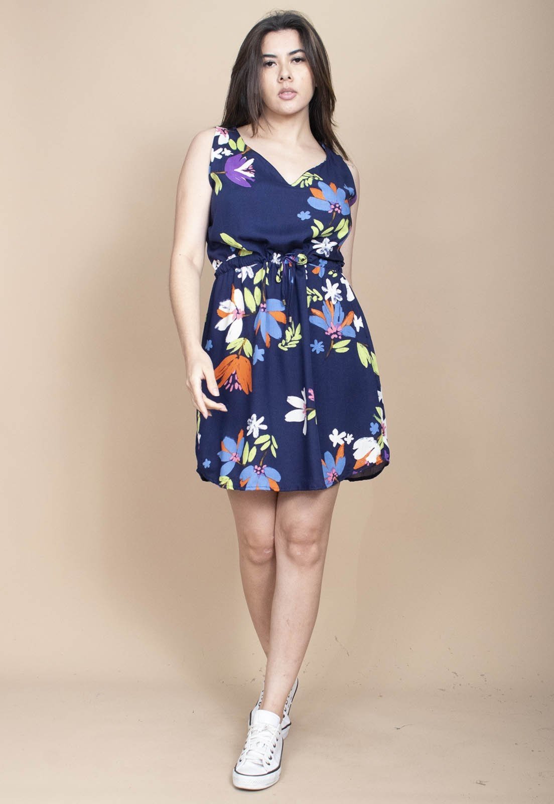 Vestido Cabanafree Plano Curto Estampa Festa das Flores Azul