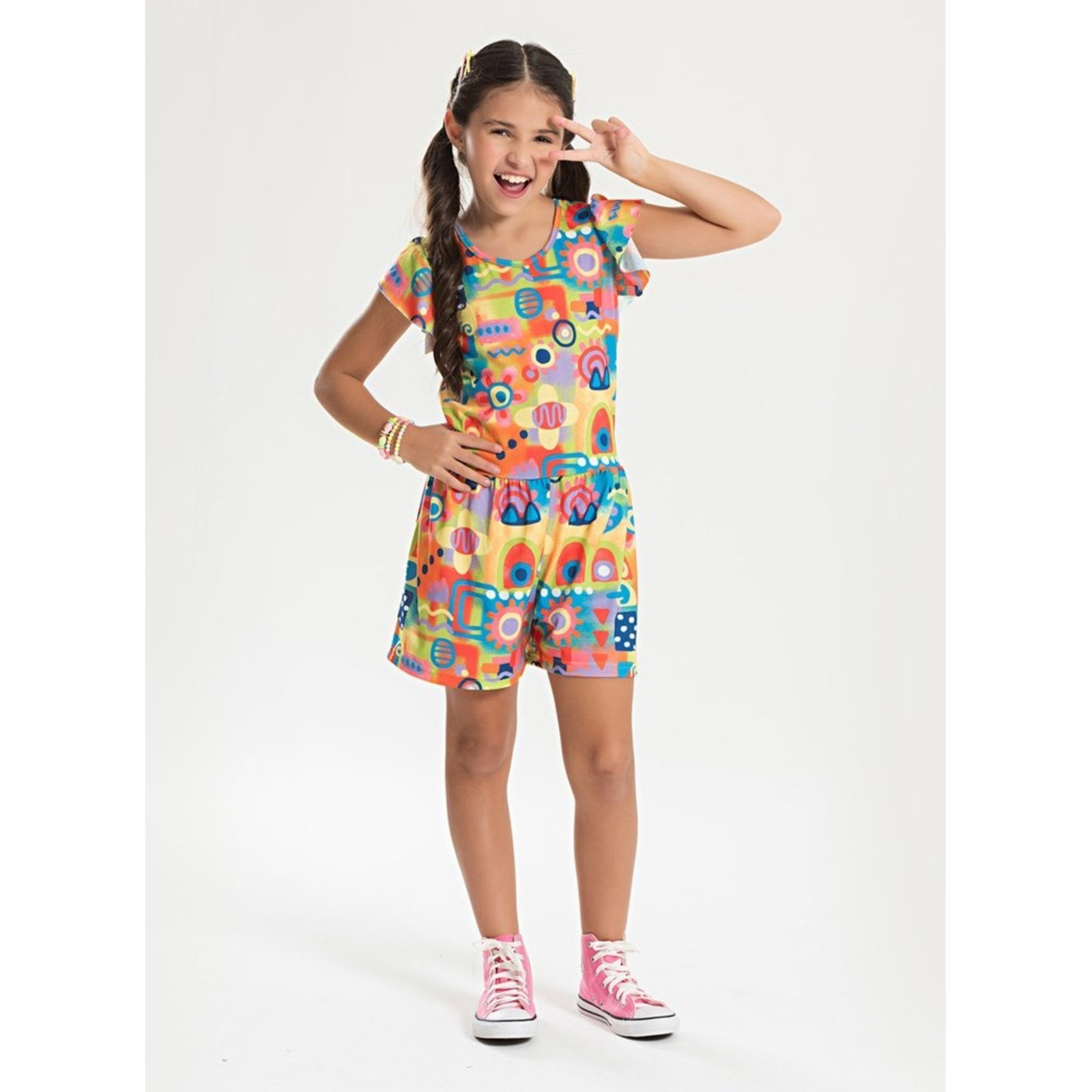 Infantil – Macaquinho Verão Menina Verde Com Amarração nas Costas Jardim de Flores