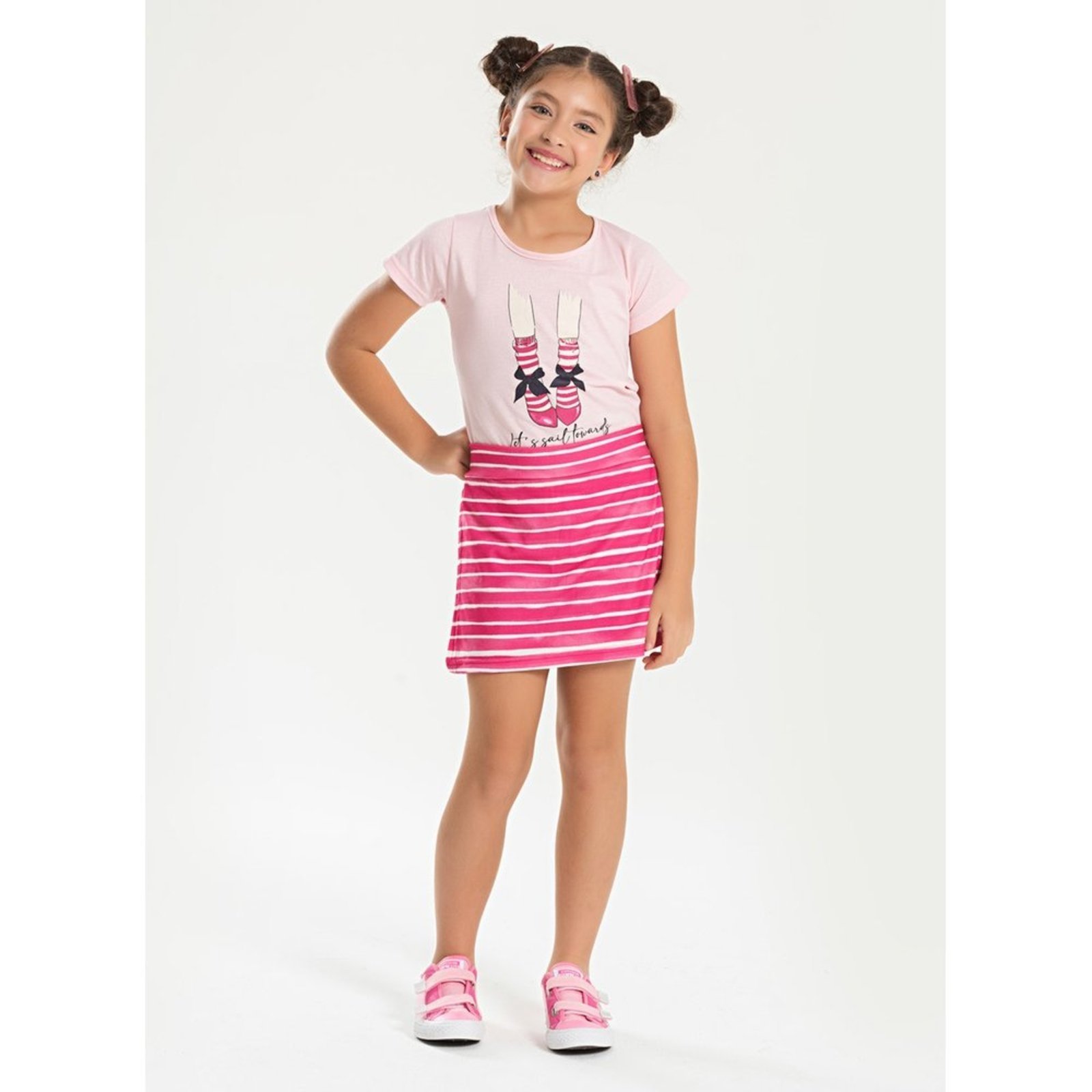 Infantil – Conjunto Verão Menina Rosa Blusa e Shorts Saia Sapatilhas com Listras