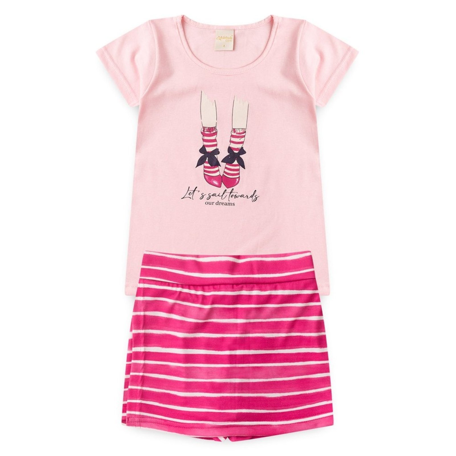 Vista 3 Infantil - Conjunto Verão Menina Blusa e Shorts Saia Sapatilhas com Listras rosa rosa