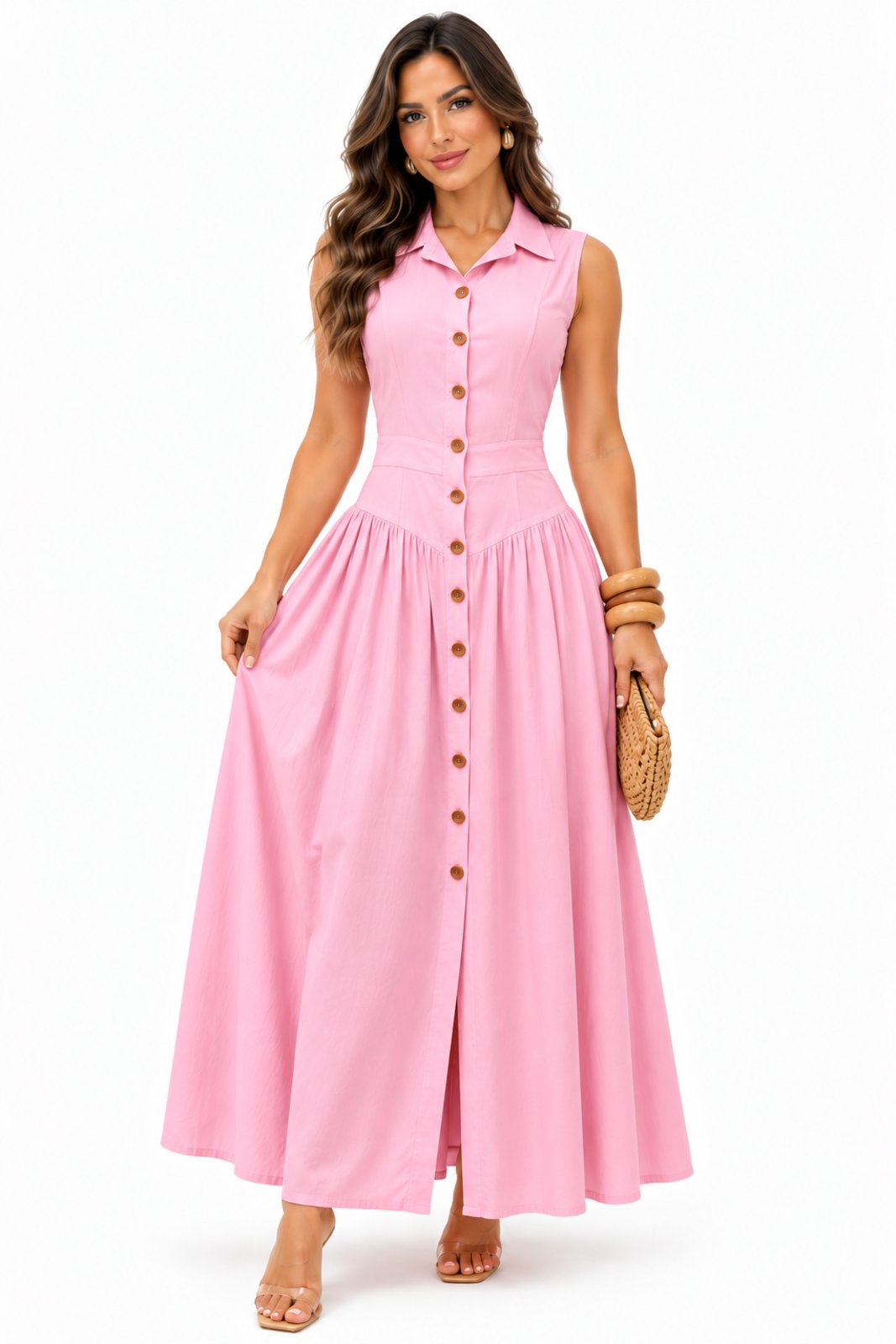 Vestido Longo Chemise D Bell Outlet Fashion Gola Clássica Rosa