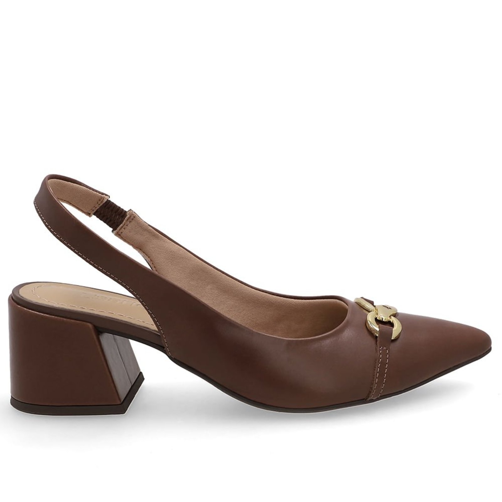 Slingback Em Couro Marrom Salto Bloco E Bico Fino