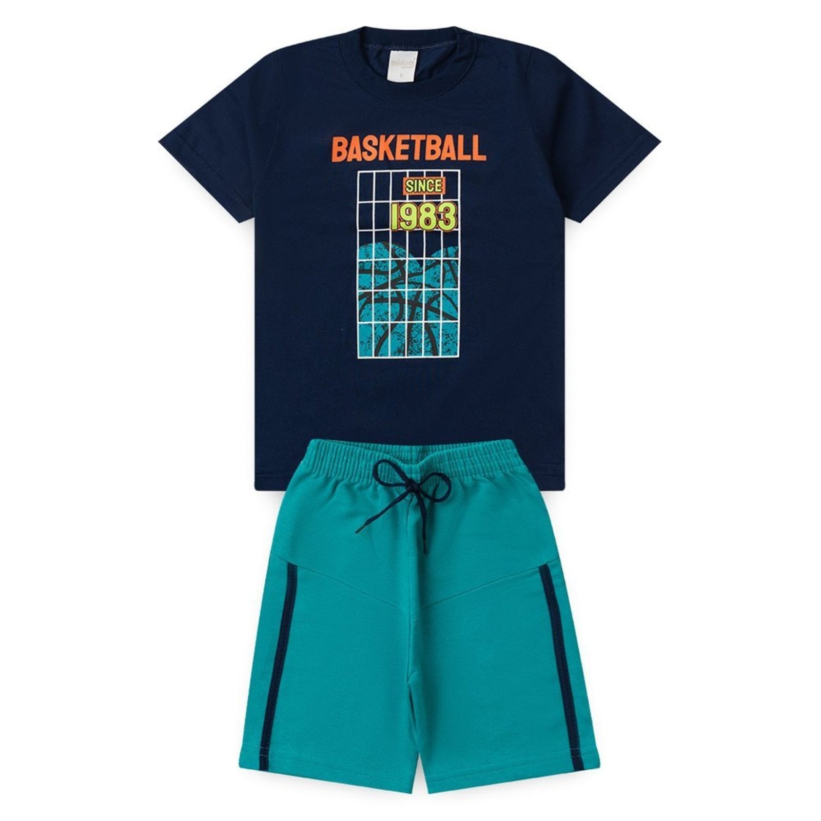 Infantil - Conjunto Verão Menino Marinho Camiseta e Bermuda com Recorte Basketball