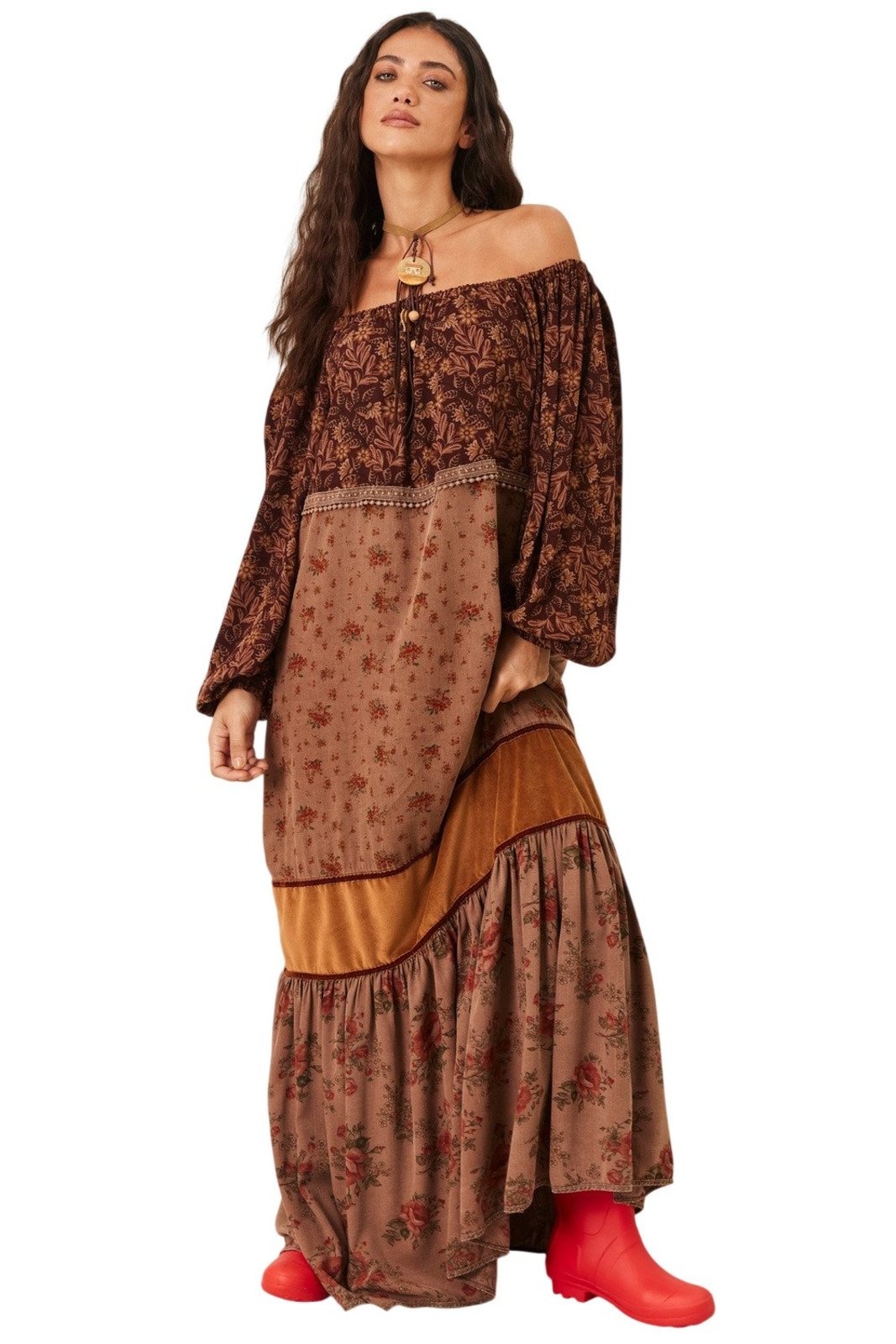 Vestido Longo Ciganinha Detalhe Em Suede Marrom Patchwork Yacamim E30 - Estampado