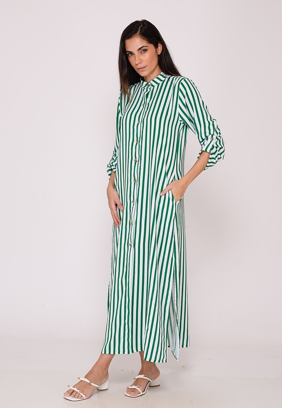 Vista 3 Vestido Chemise Botões M/L B’Bonnie Valentina Listra Verde B'Bonnie listrado verde