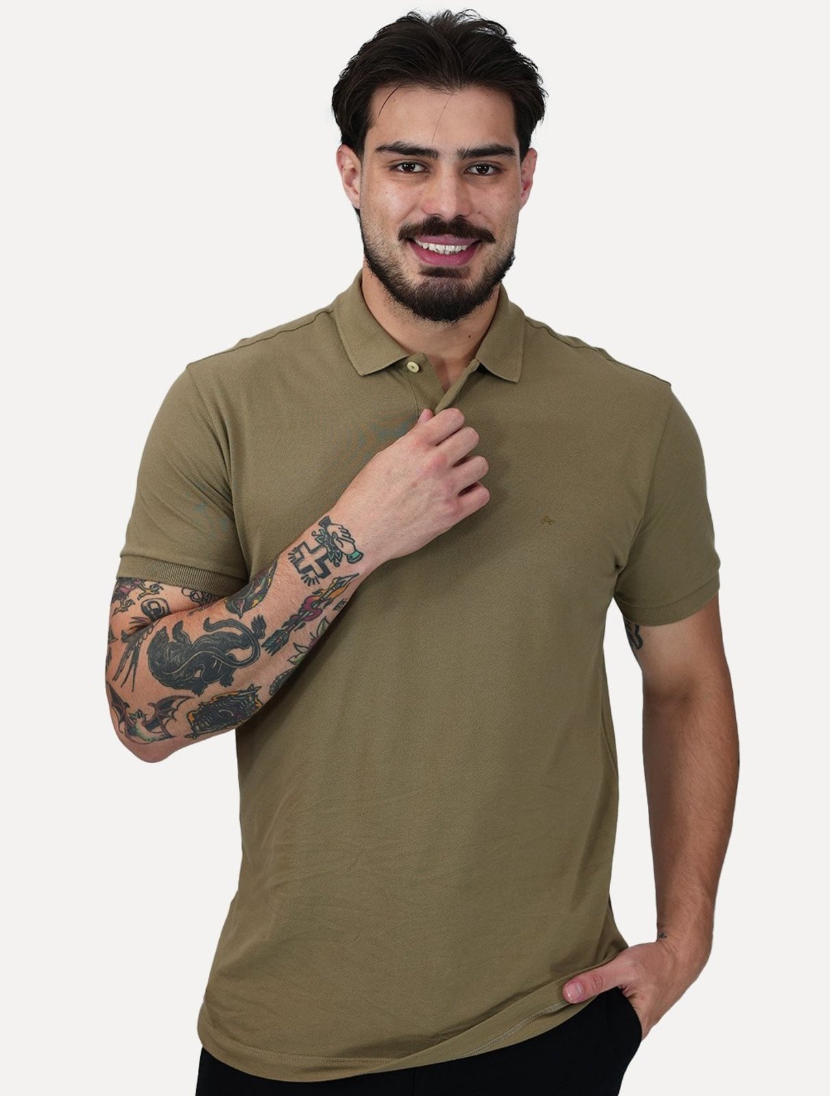 Polo Aramis Masculina Regular Basic Piquet Mono Logo Cáqui Medio