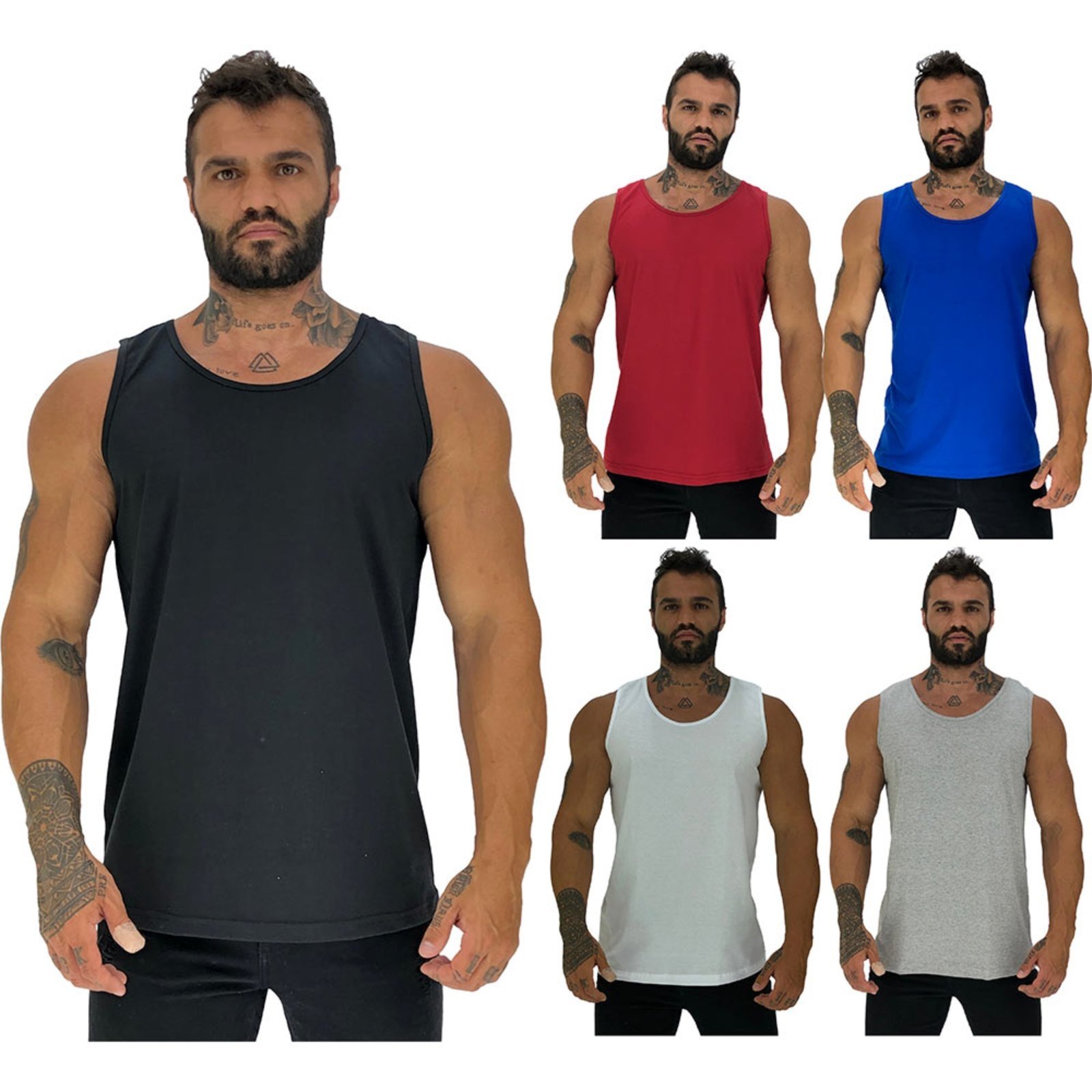 Kit 5 Regata Clássica Masculina Alto Conceito Slim Preto, Vermelho, Azul, Branco e Mescla