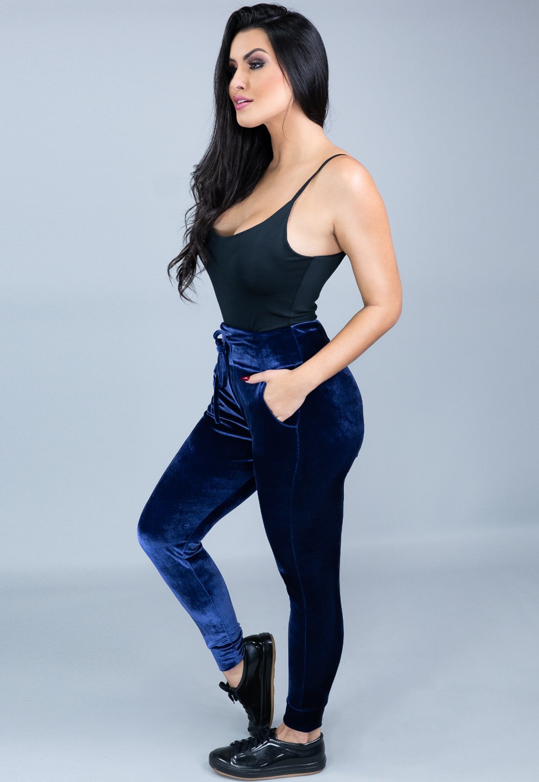 Calça Jogger MVB Modas Cintura Alta Veludo Molhado Azul