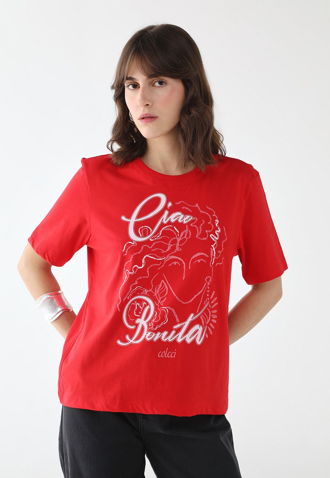 Vista 2 Camiseta Feminina Colcci Estampa Ciao Bonita Vermelha vermelho Colcci vermelho