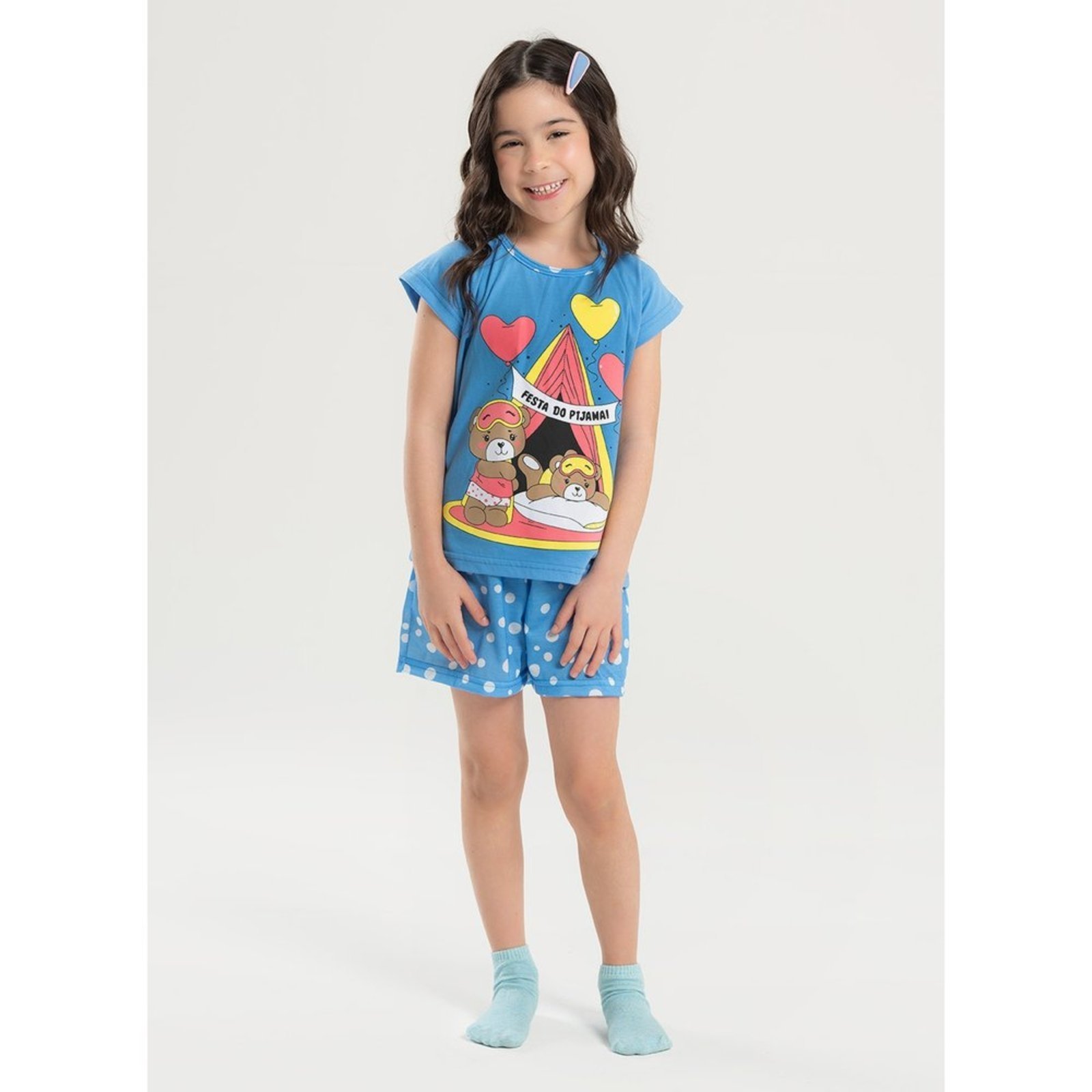 Pijama Verão Menina Azul Blusa Brilha no Escuro e Shorts Festa do Pijama