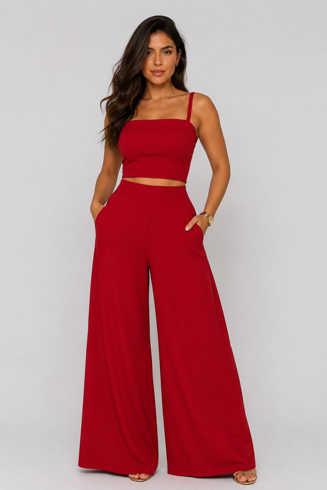 Conjunto D Bell Outlet Fashion Cropped e Calça Pantalona Vermelho