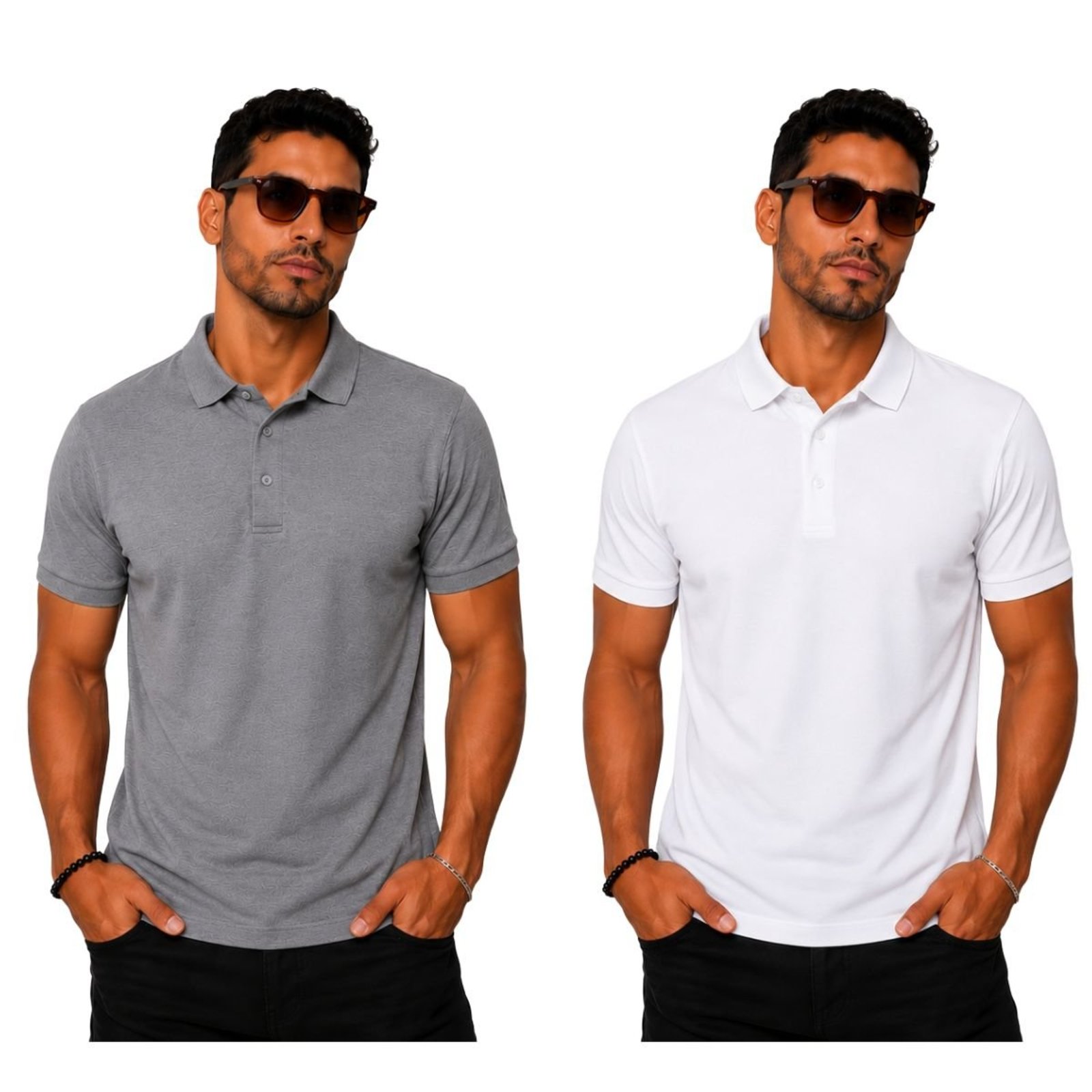 Kit 2 Camisas Polo Masculina Poliamida Premium Cinza e Branco Multicolorido