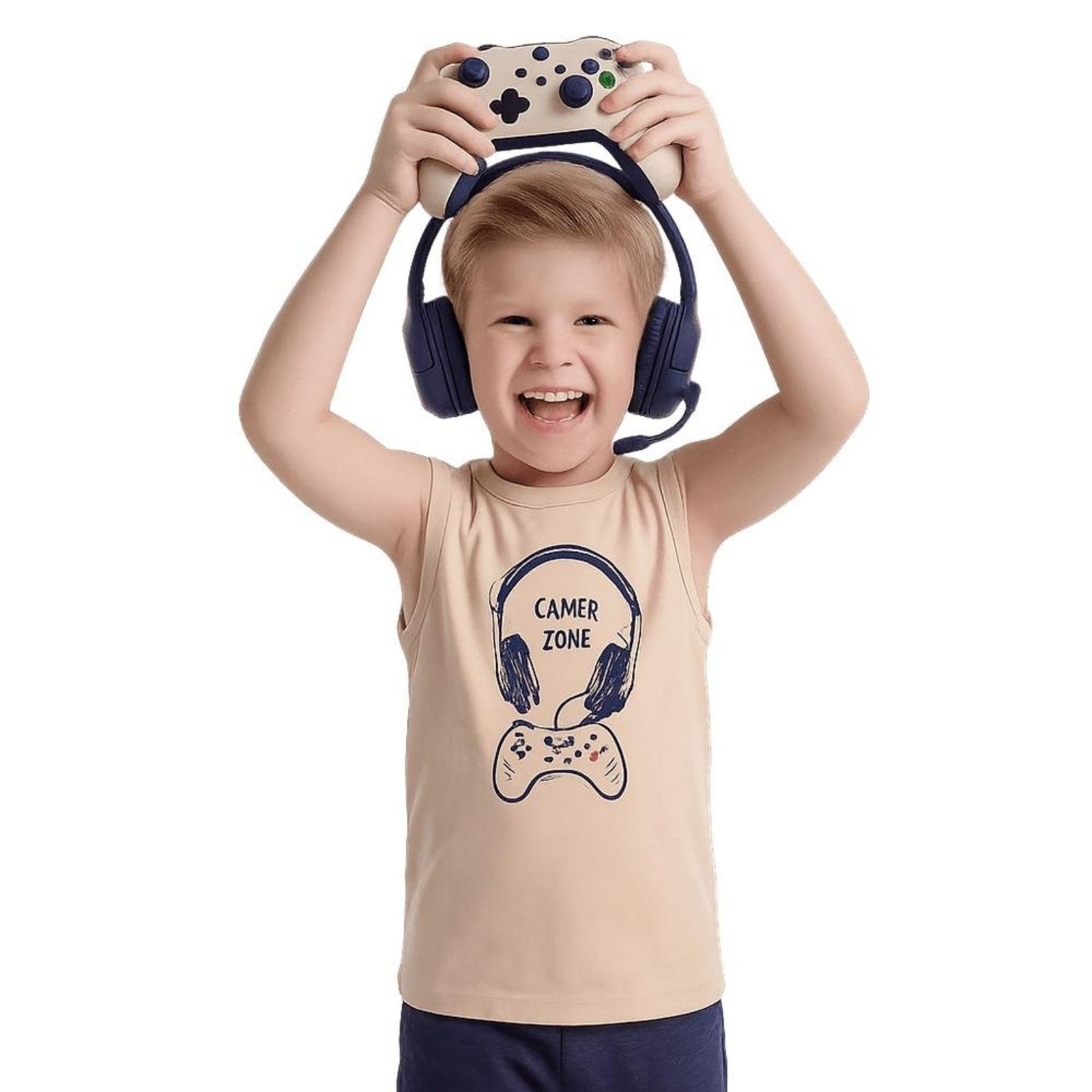 Infantil - Regata Menino Gamer Zone Alphabeto Areia Bege
