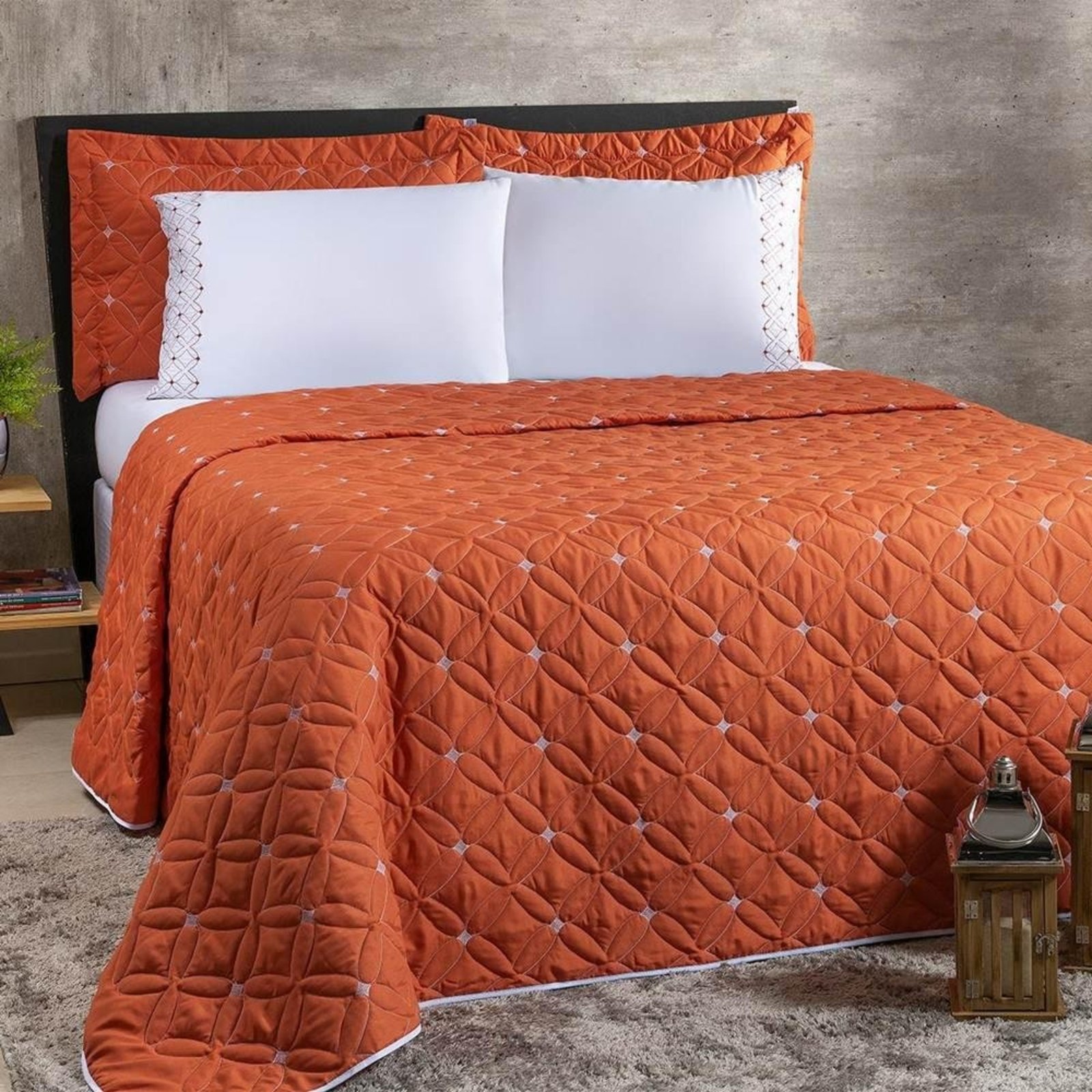 Cobre Leito Queen Ideale 200 Fios Bordado 6 Peças - Terracota
